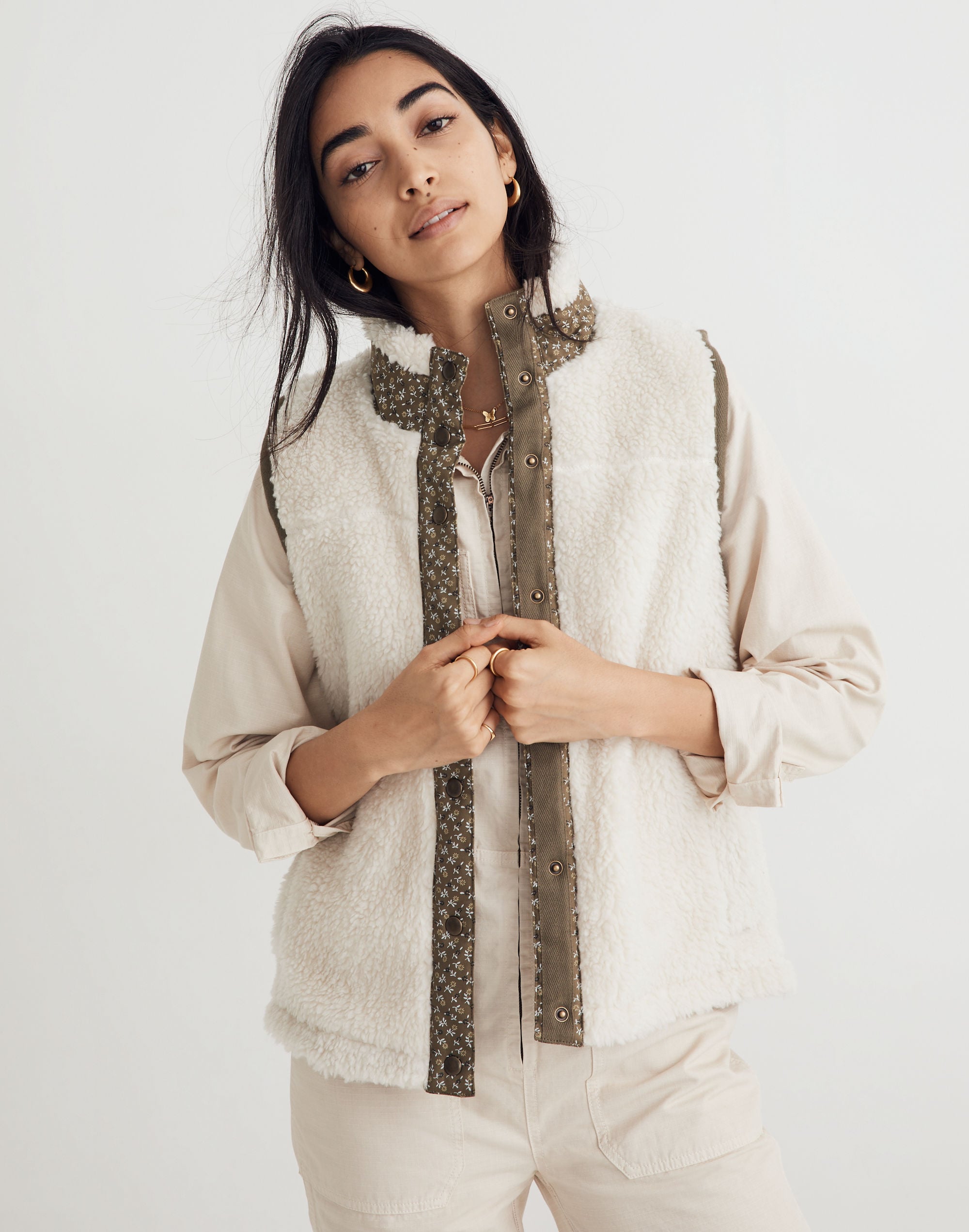 (re)sourced faux-shearling vest in colorblock