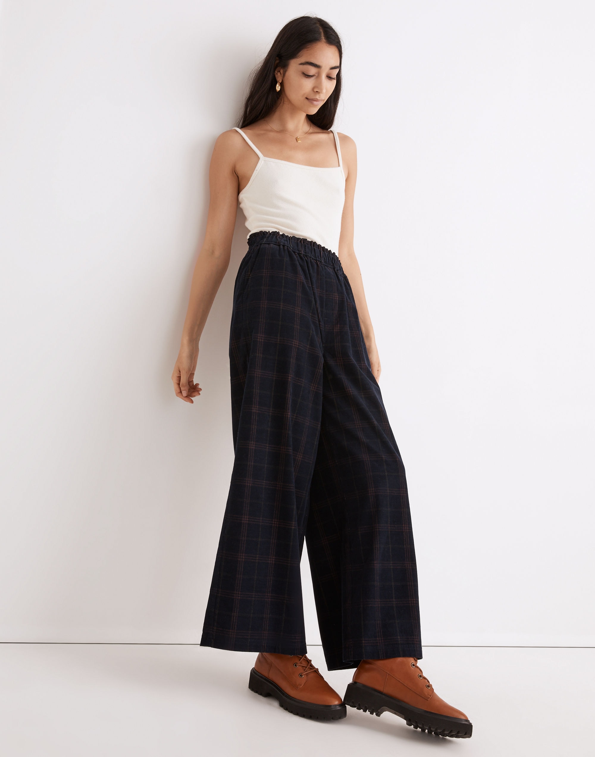 Corduroy Pull-On Wide-Leg Crop Pants in Windowpane