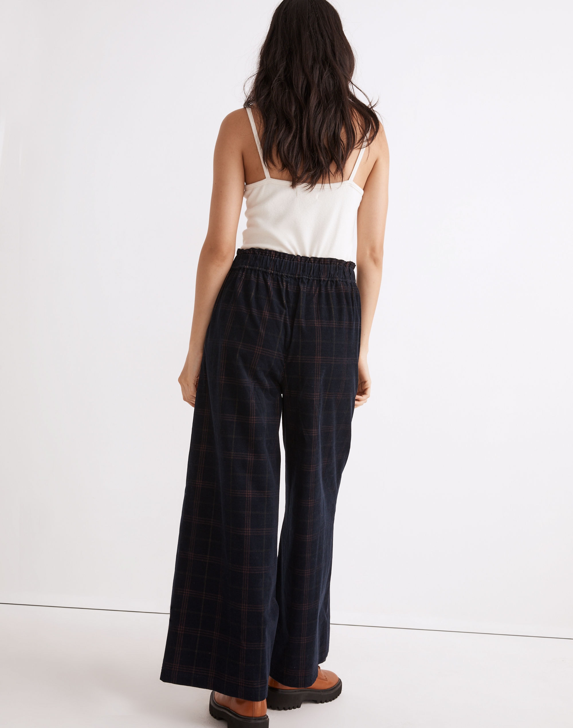 Corduroy Pull-On Wide-Leg Crop Pants in Windowpane