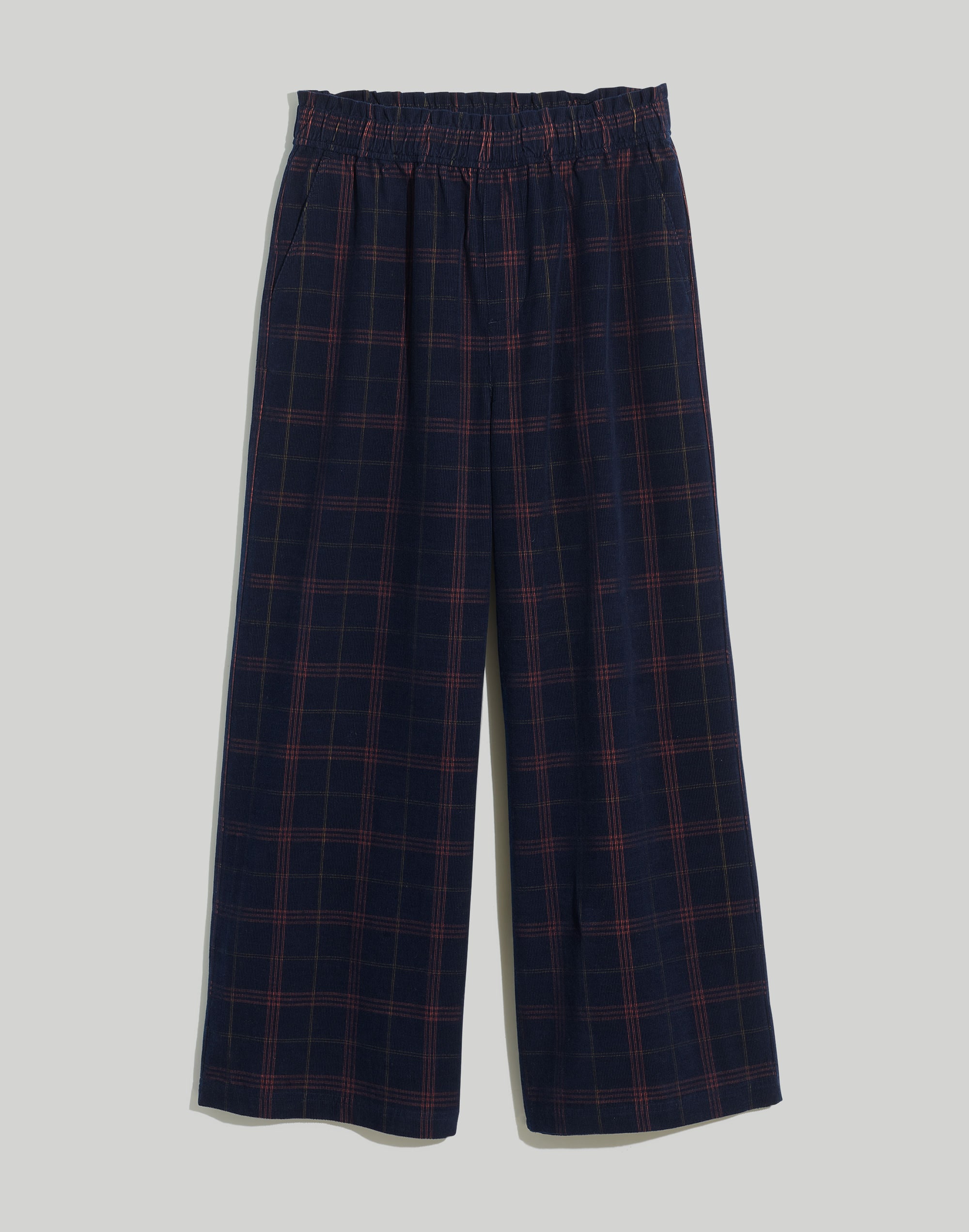 Corduroy Pull-On Wide-Leg Crop Pants in Windowpane