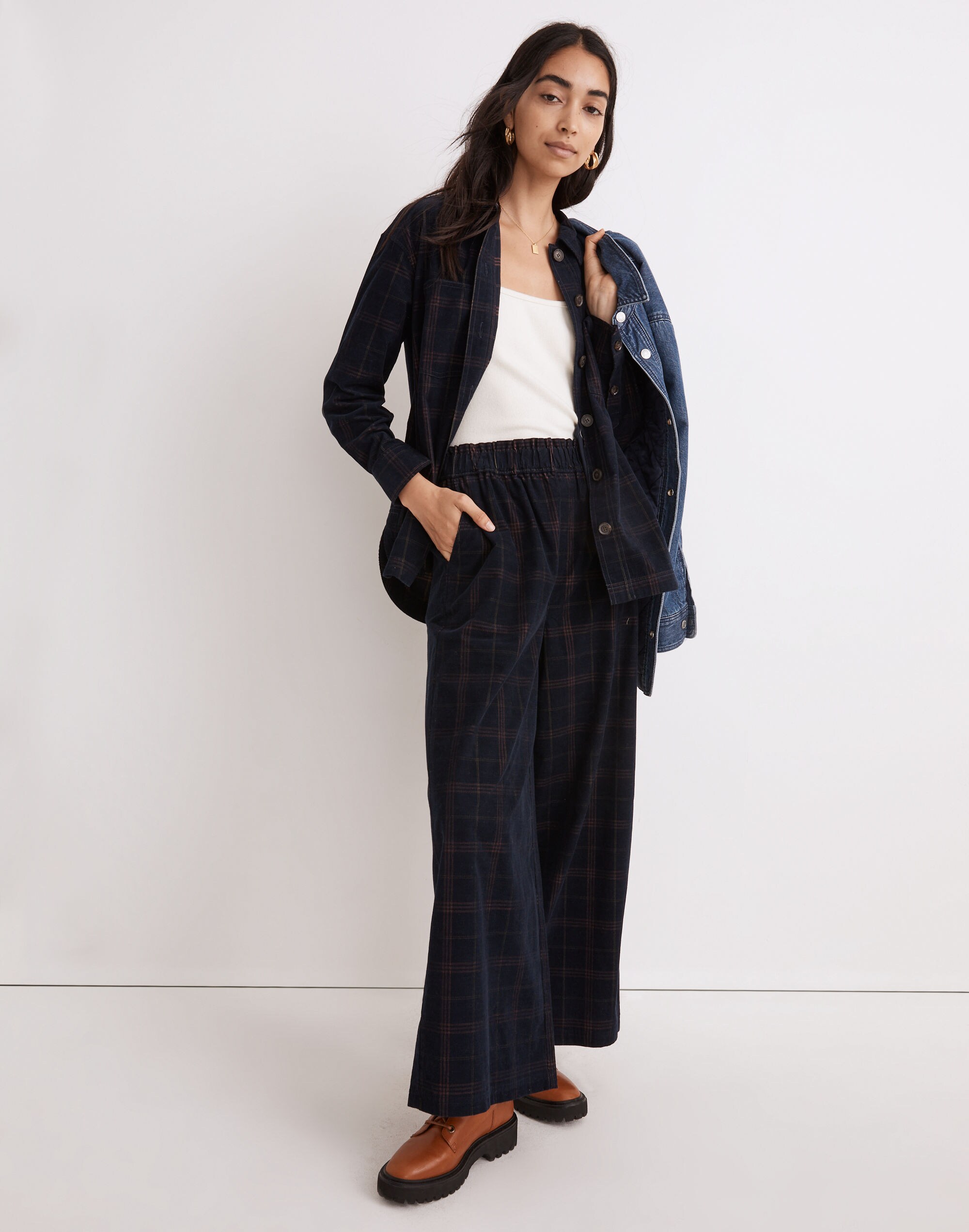 Corduroy Pull-On Wide-Leg Crop Pants in Windowpane