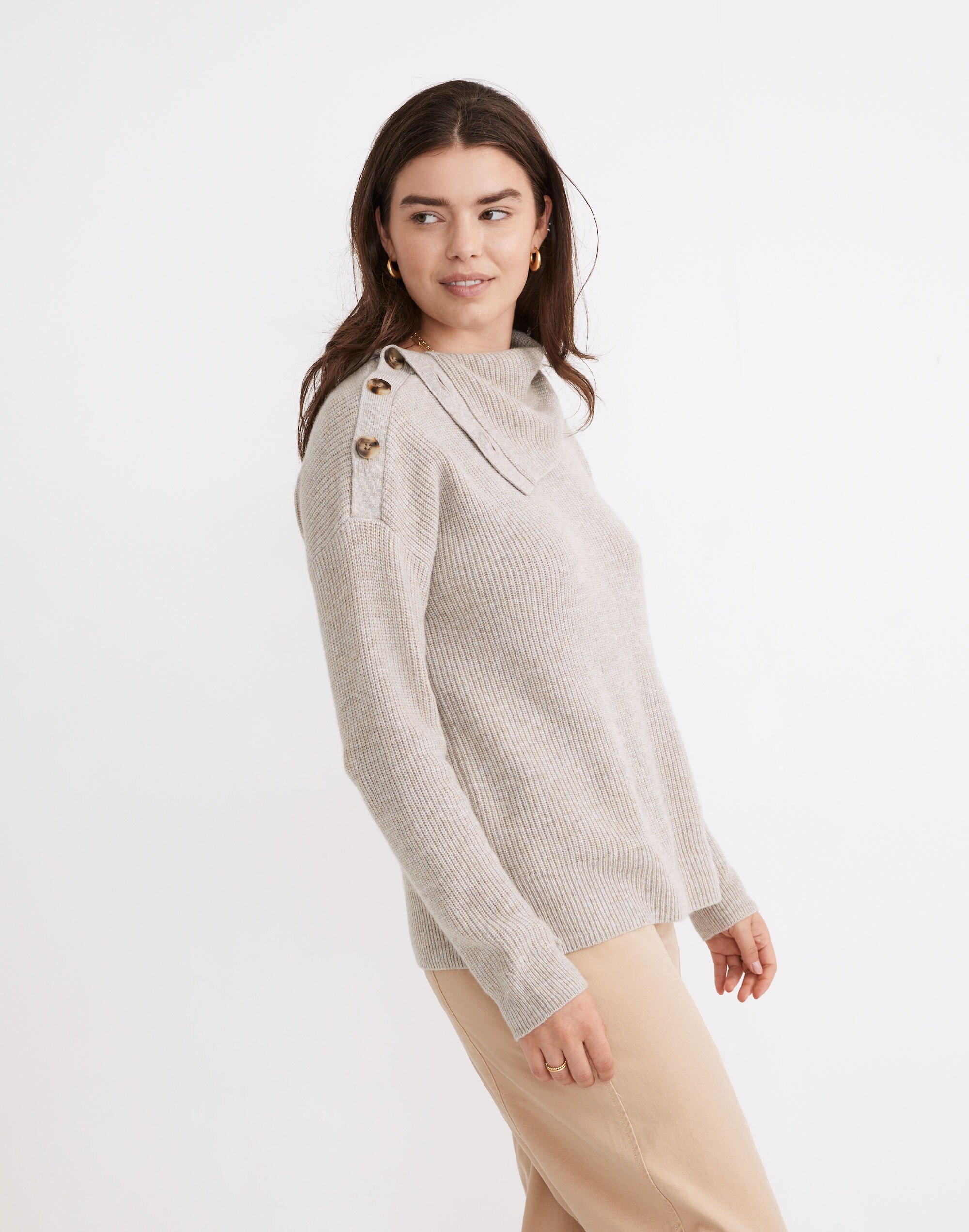 Button-Shoulder Turtleneck Sweater