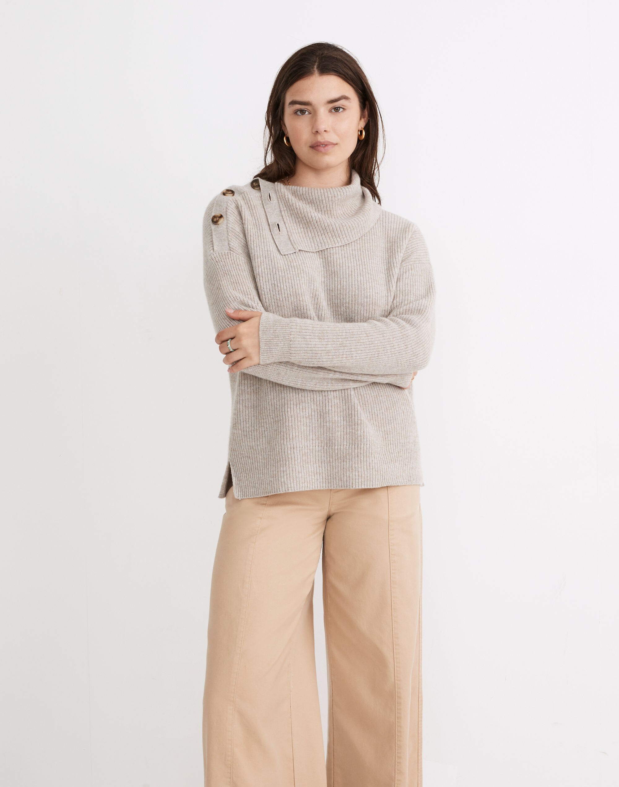 Button-Shoulder Turtleneck Sweater