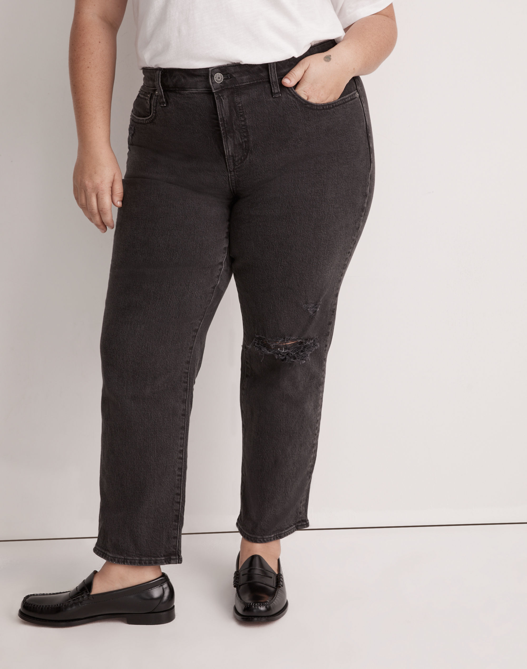 The Plus Mid-Rise Perfect Vintage Straight Jean in Rosella Wash: Ripped Edition