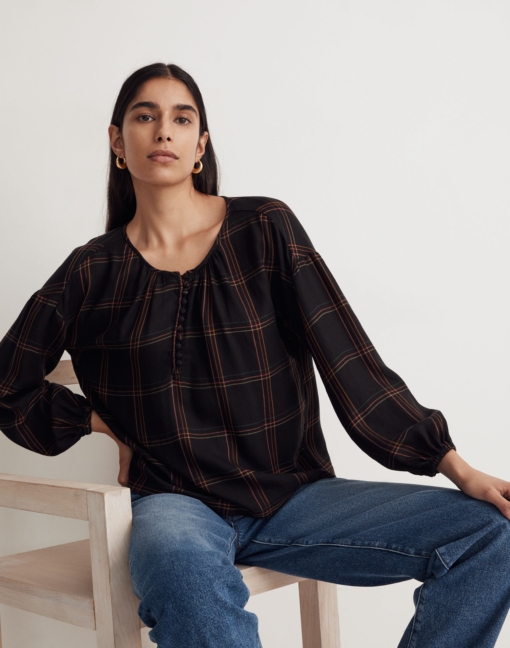 Shirred Peasant Top in Windowpane