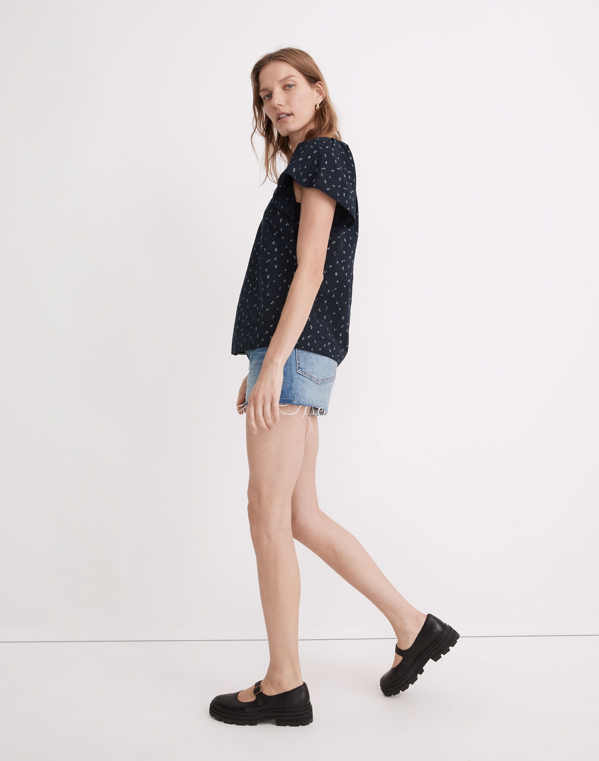 Embroidered Flutter-Sleeve Top in Berry Stems