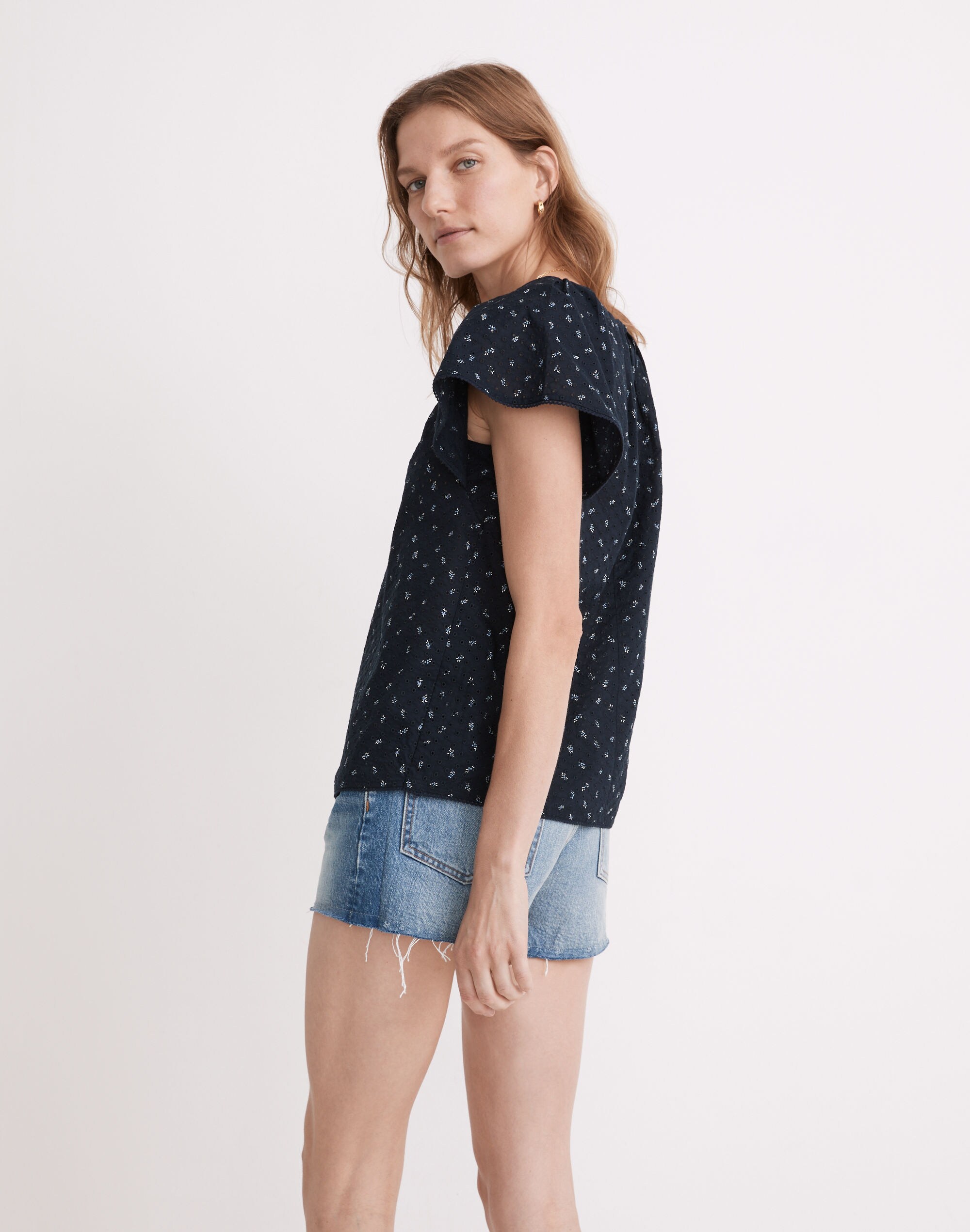 Embroidered Flutter-Sleeve Top in Berry Stems