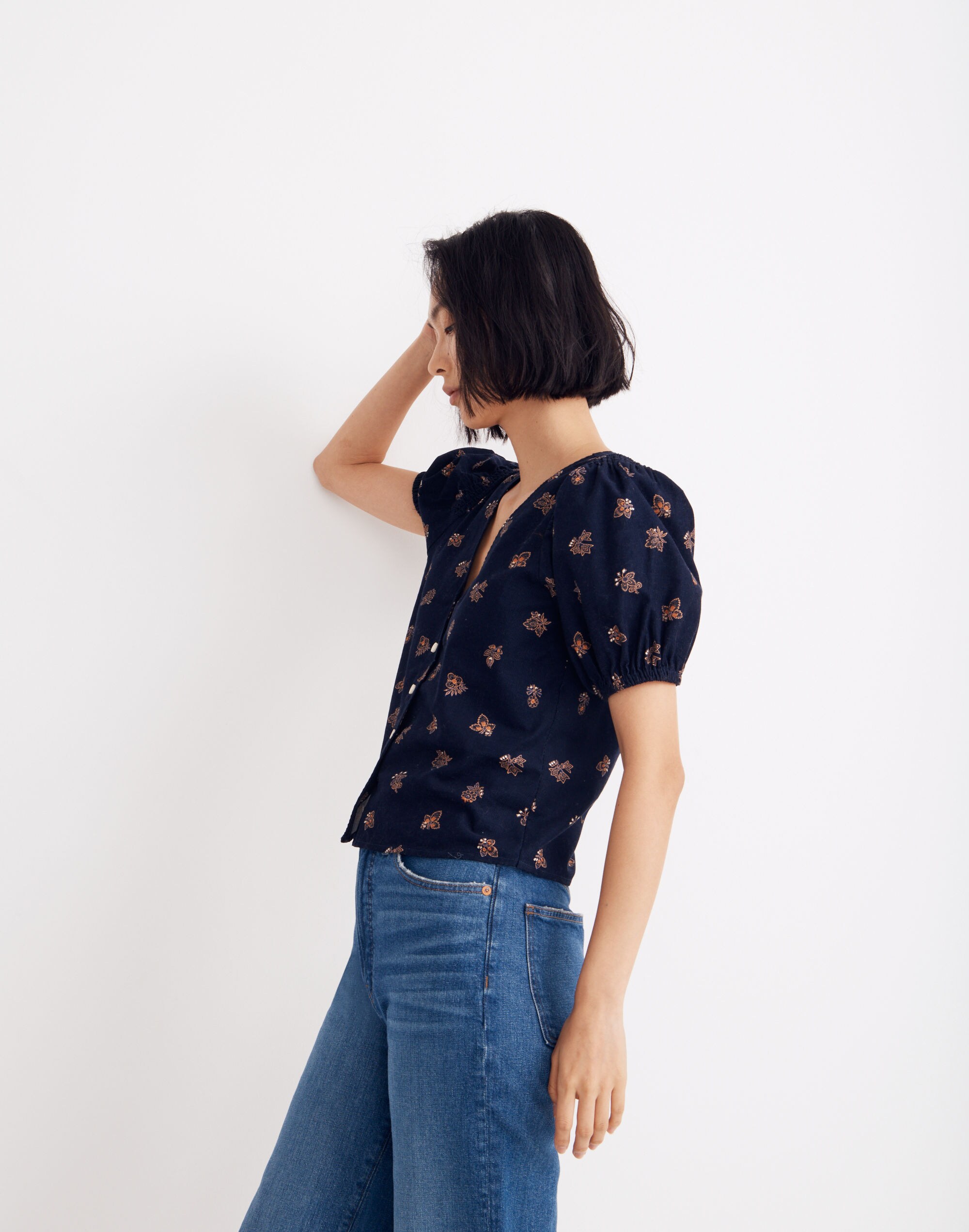 Corduroy Bubble-Sleeve Crop Shirt in Britannica Blockprint