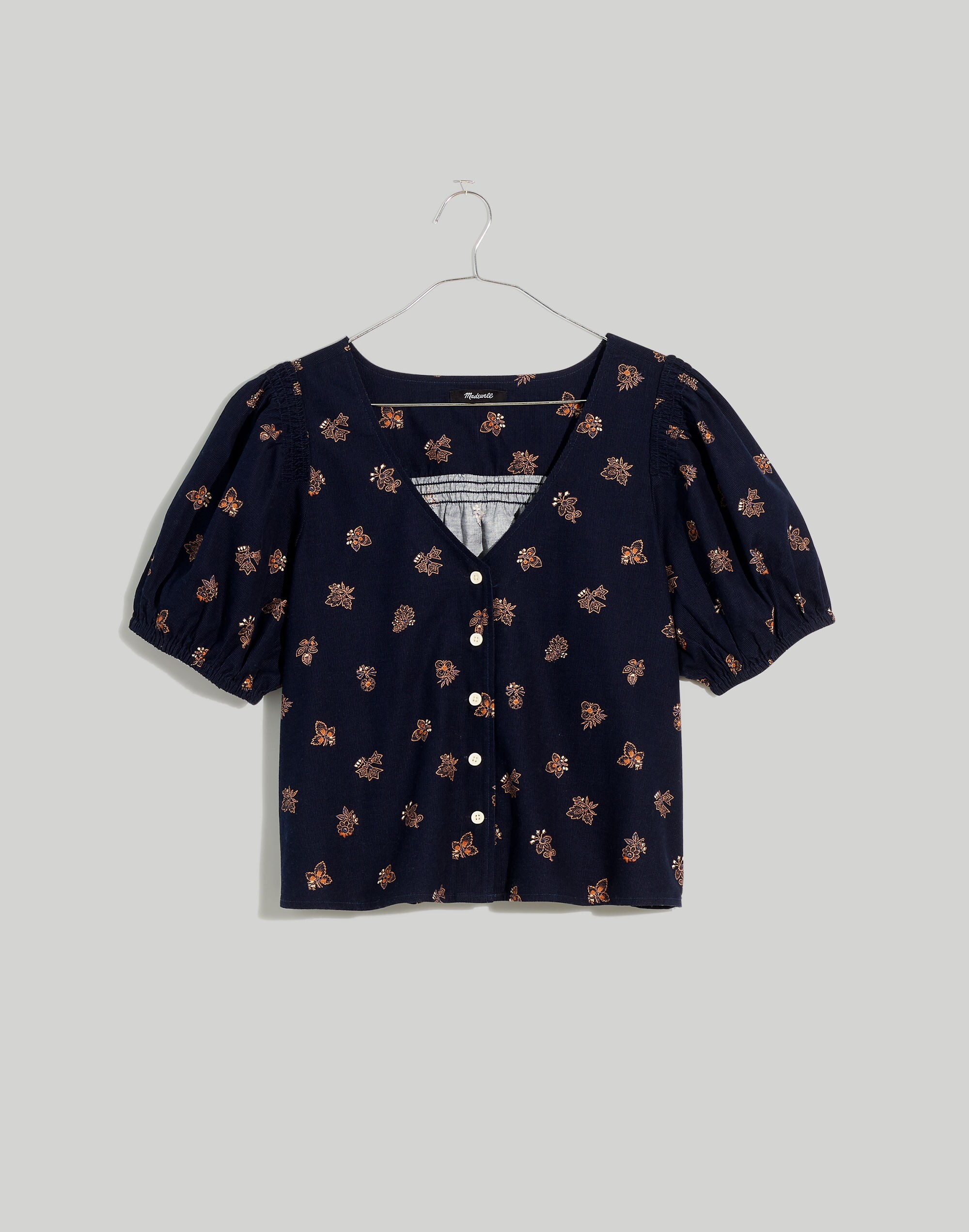 Corduroy Bubble-Sleeve Crop Shirt in Britannica Blockprint