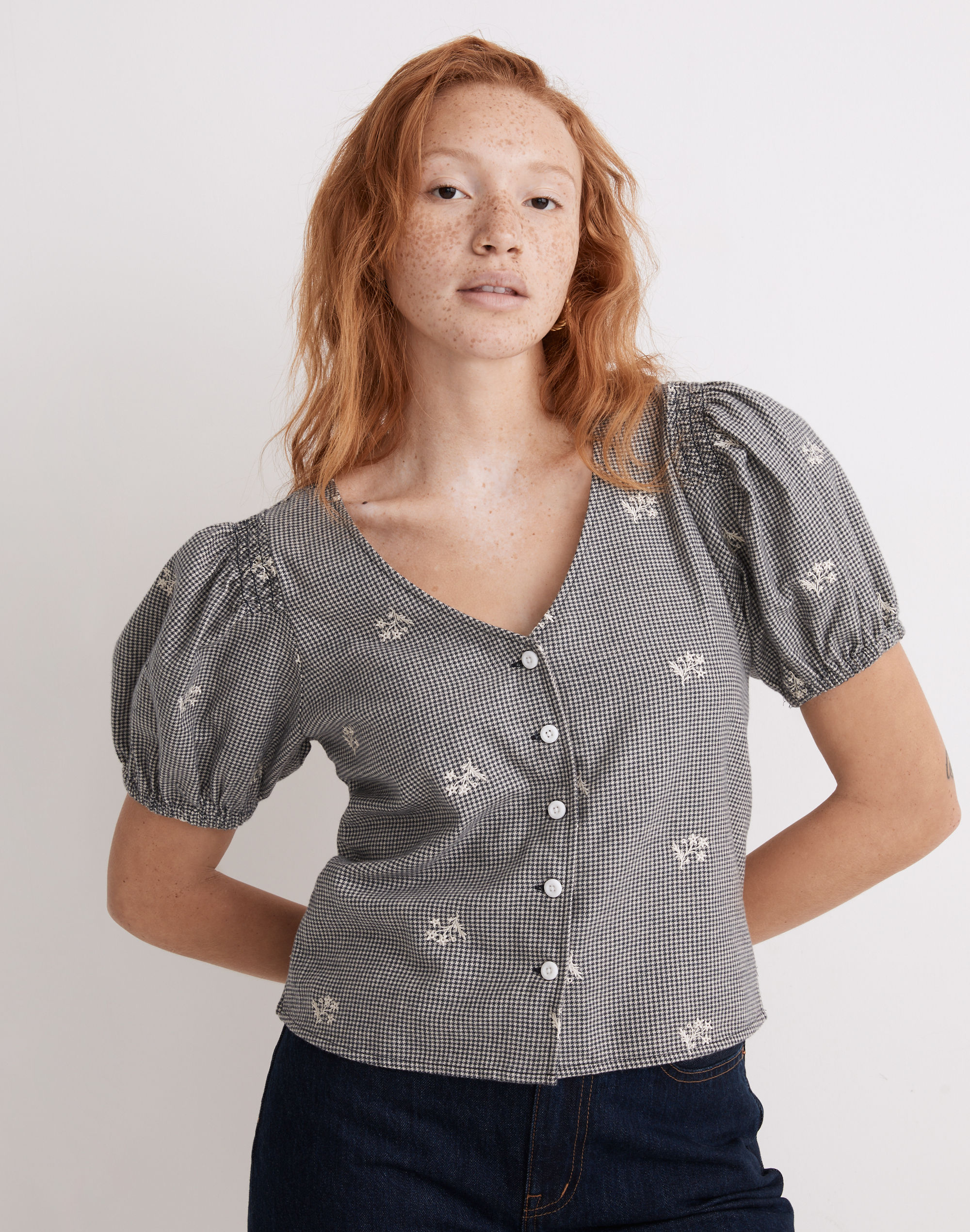 Embroidered Flannel Bubble-Sleeve Crop Shirt
