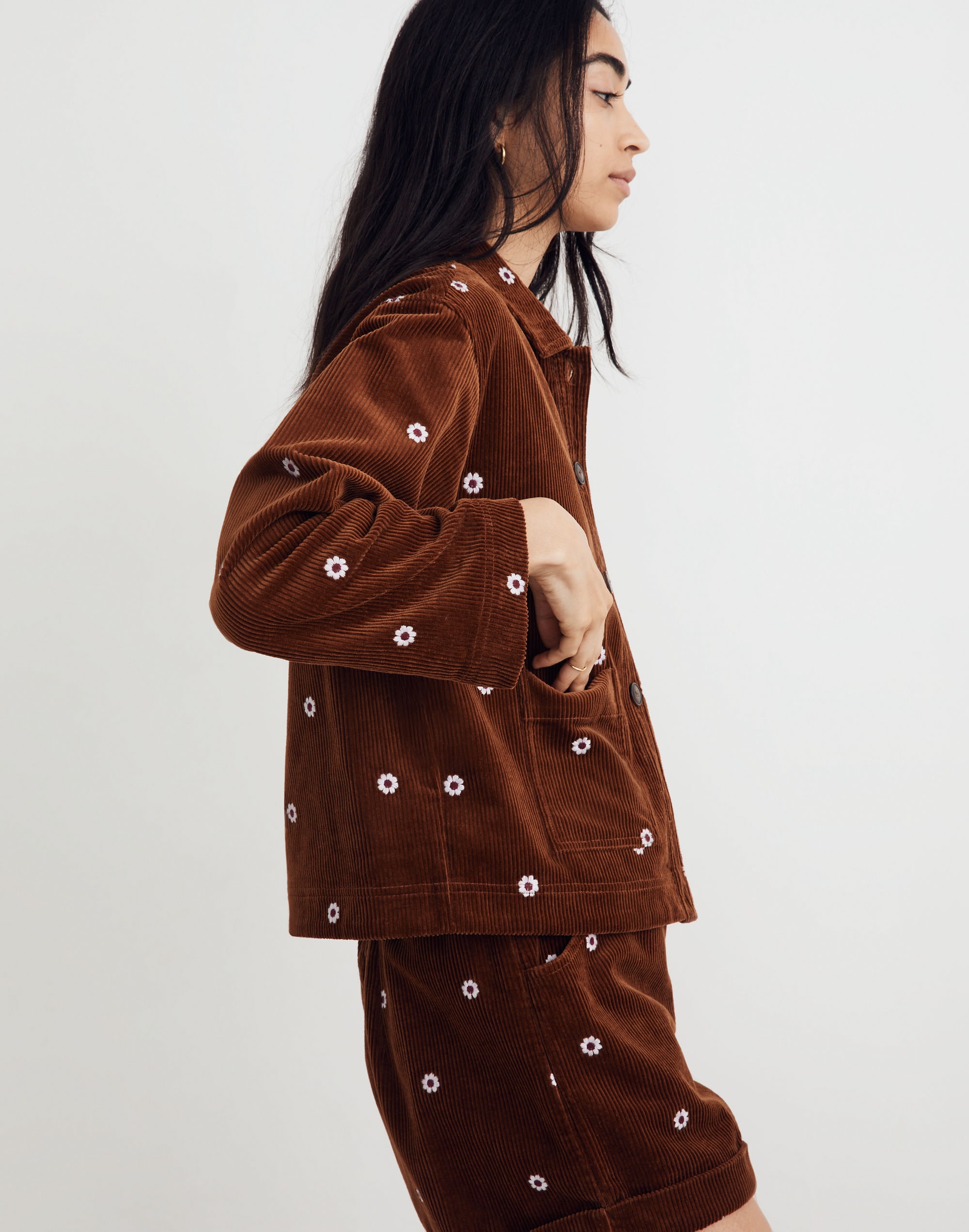 Embroidered Corduroy Crop Shirt-Jacket