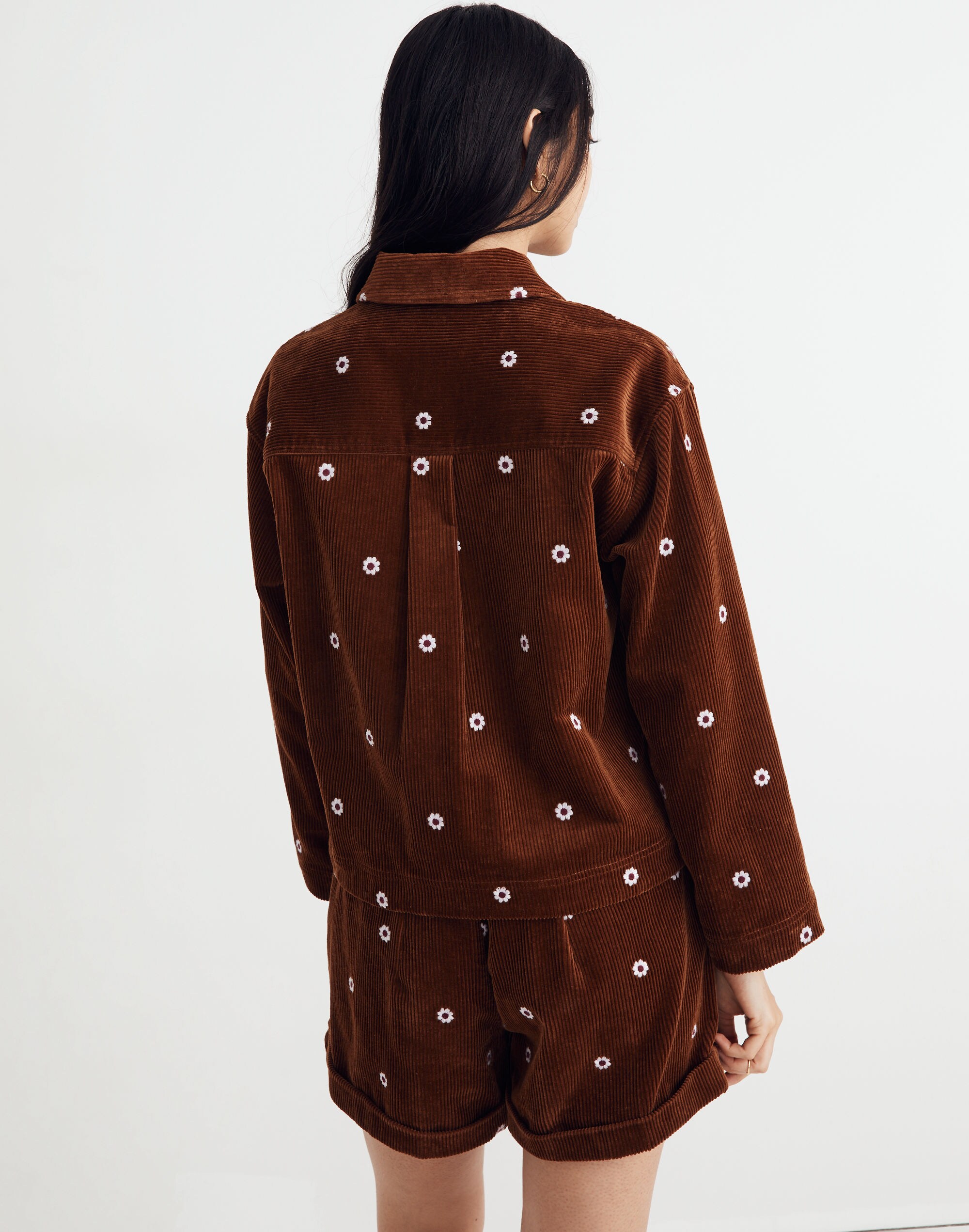 Embroidered Corduroy Crop Shirt-Jacket