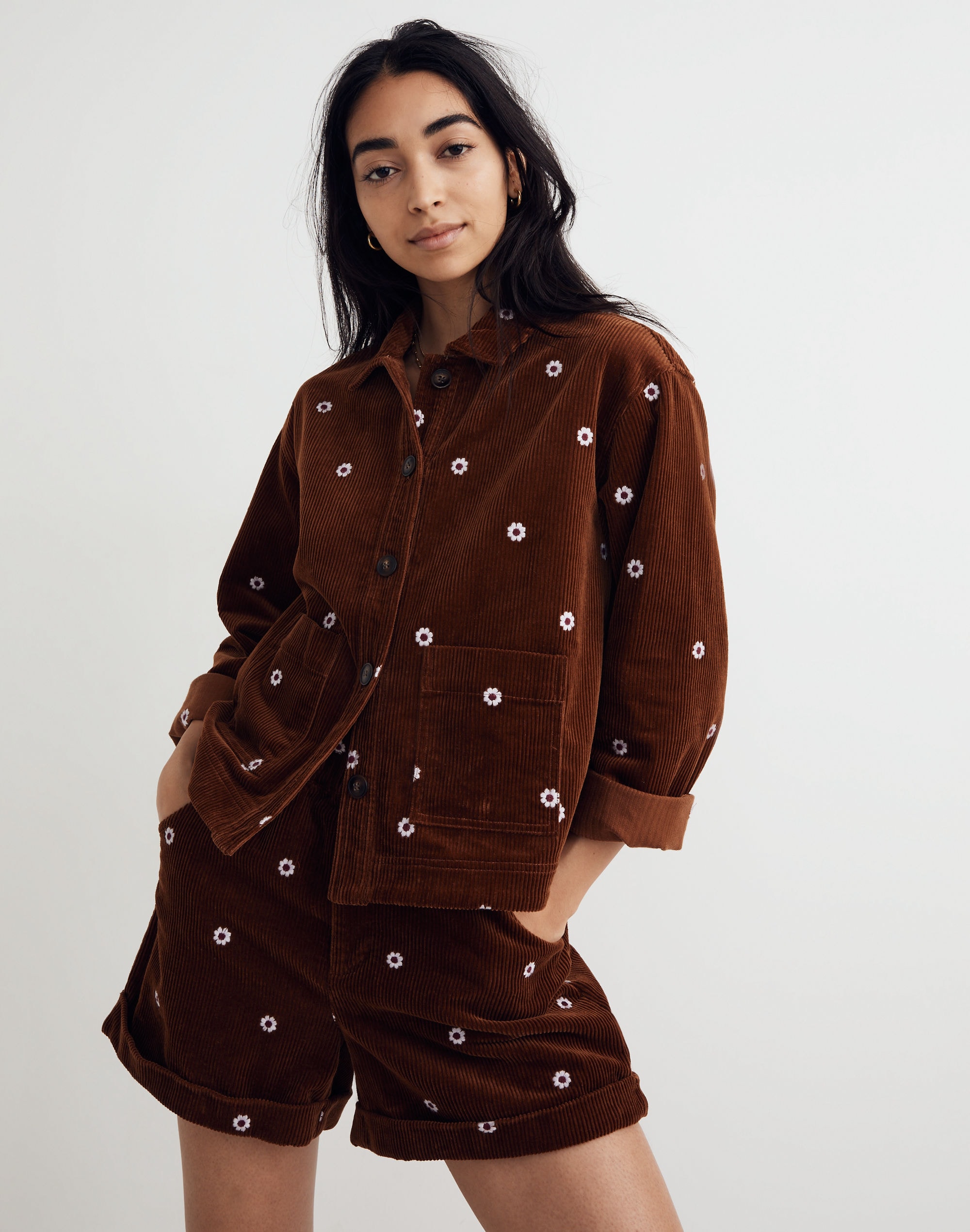 Embroidered Corduroy Crop Shirt-Jacket