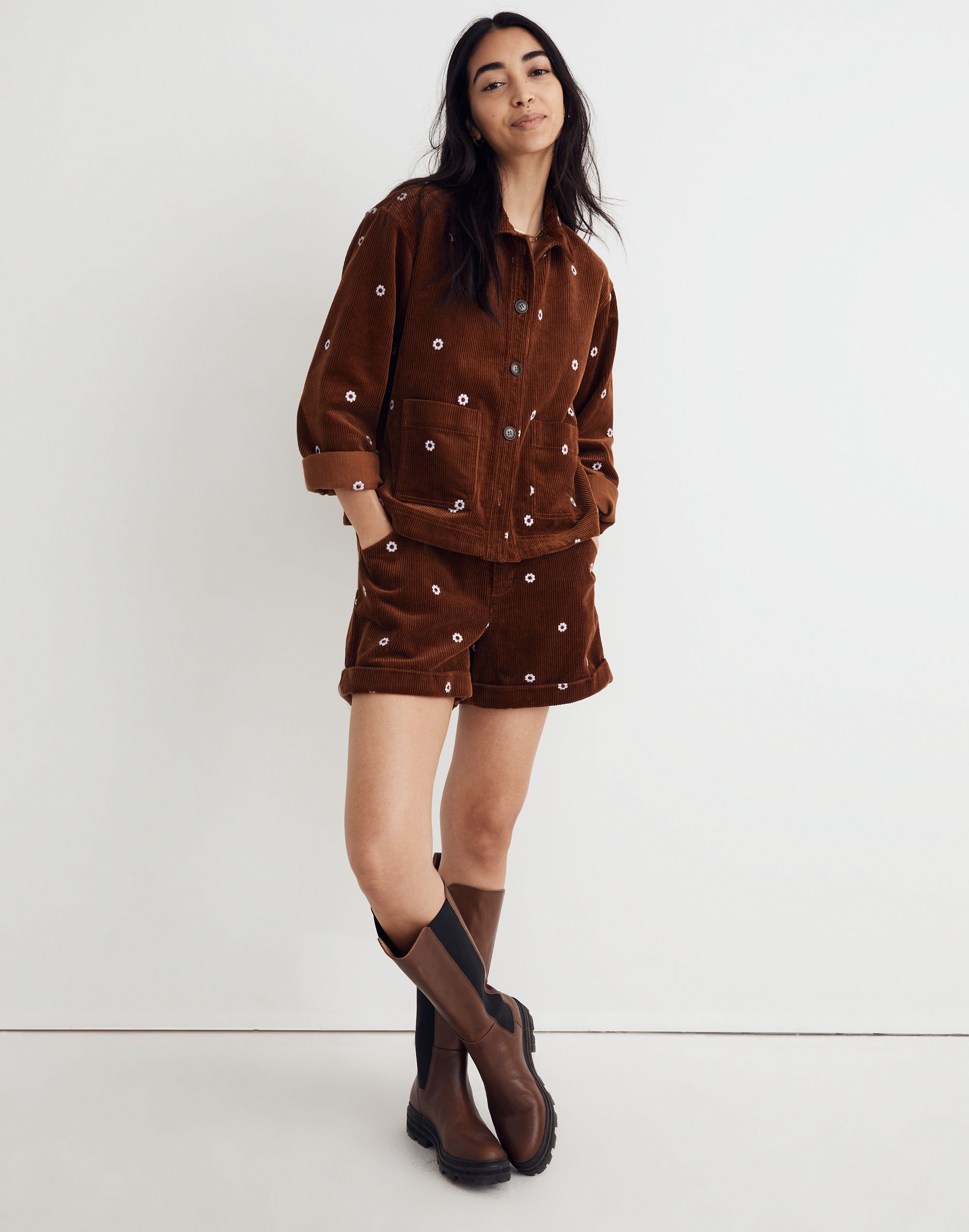 Embroidered Corduroy Crop Shirt-Jacket