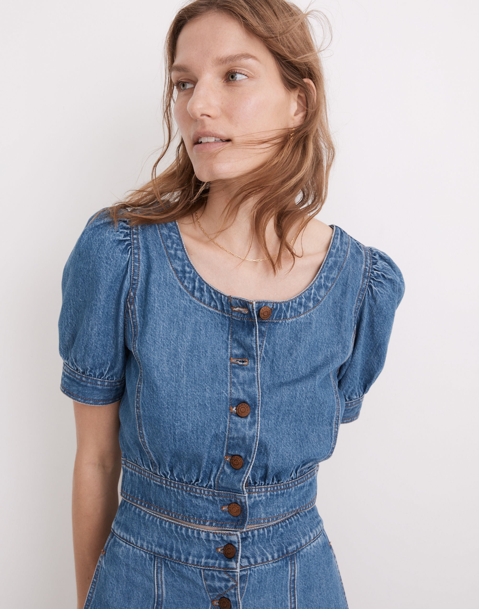 Denim Puff-Sleeve Crop Top