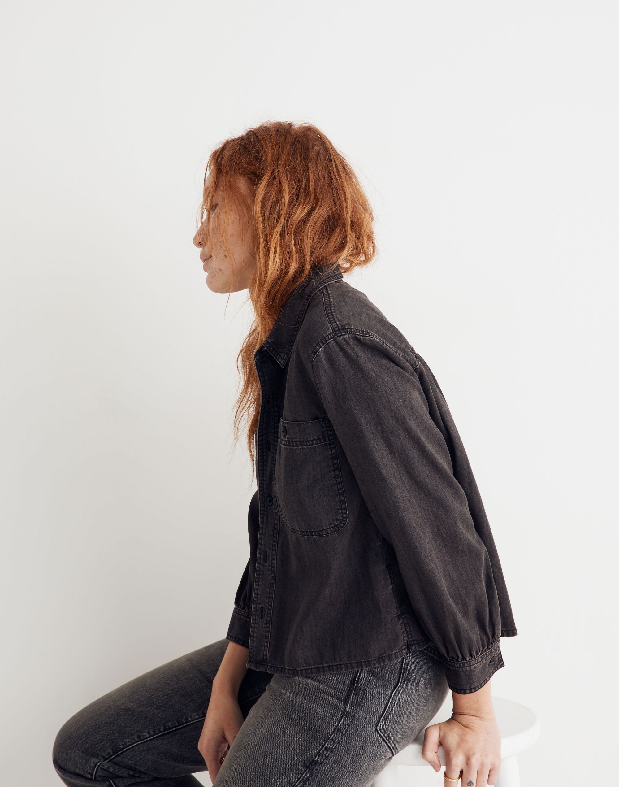 Denim Shirred-Back Crop Shirt in Lunar Wash