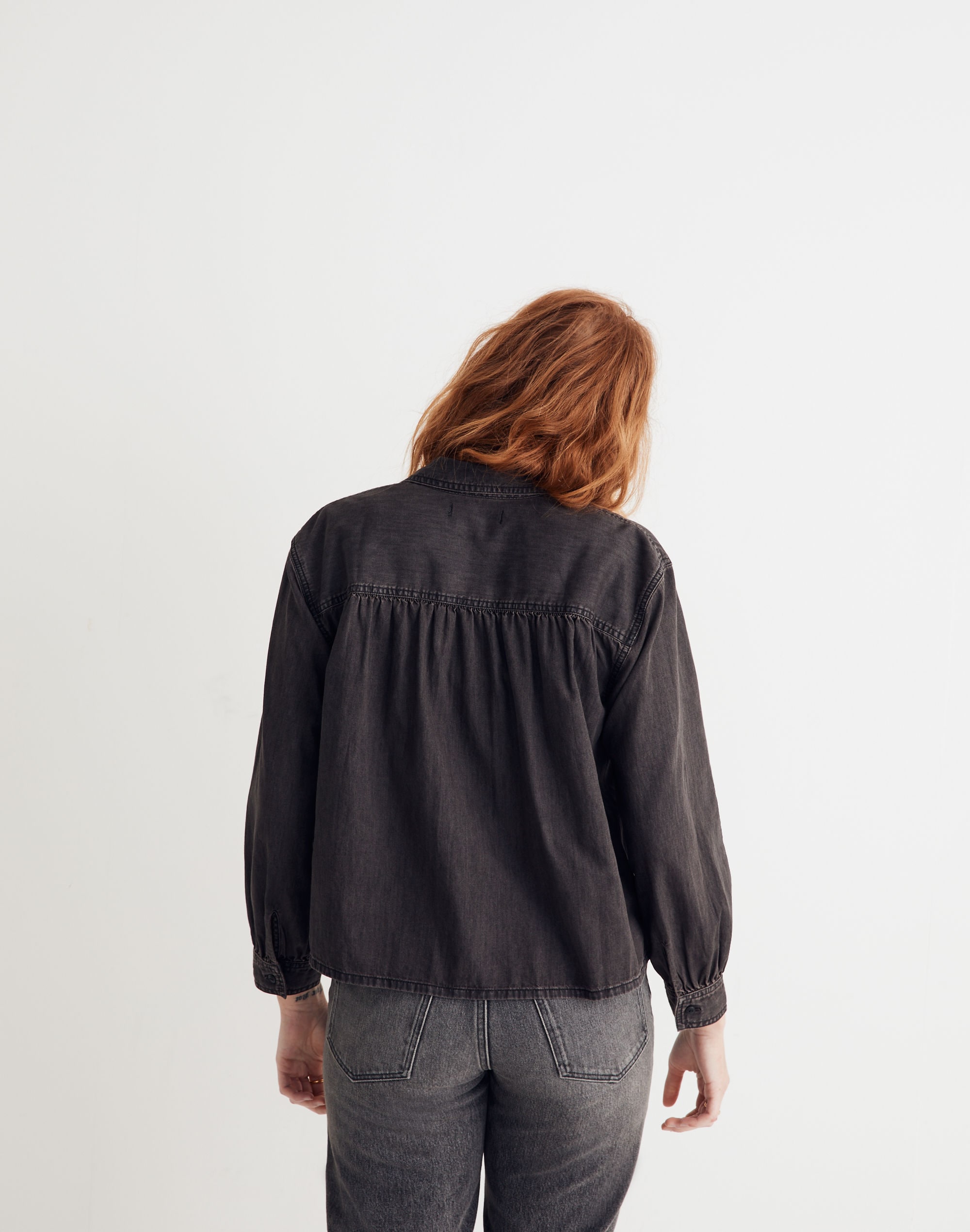 Denim Shirred-Back Crop Shirt in Lunar Wash