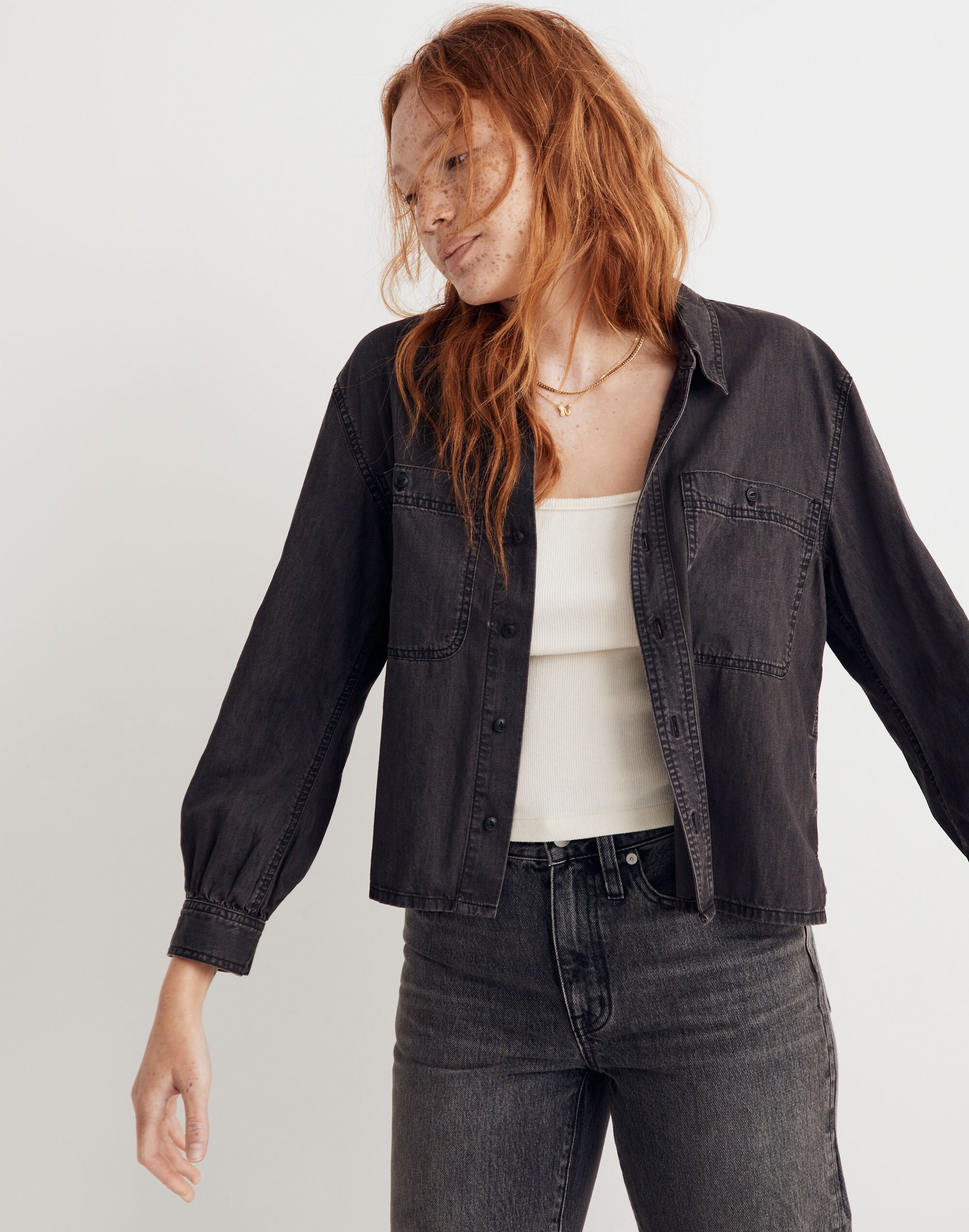 Denim Shirred-Back Crop Shirt in Lunar Wash