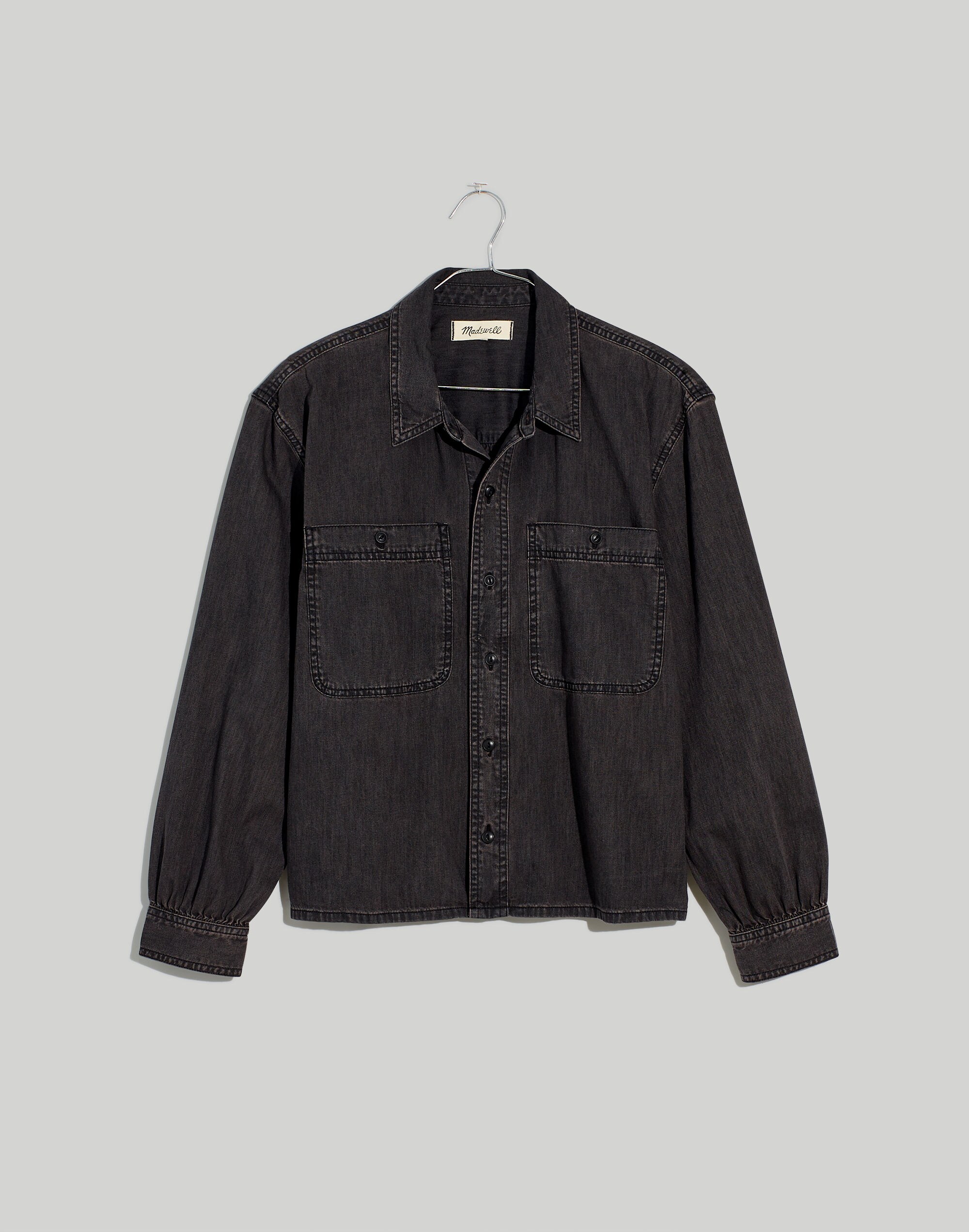 Denim Shirred-Back Crop Shirt in Lunar Wash