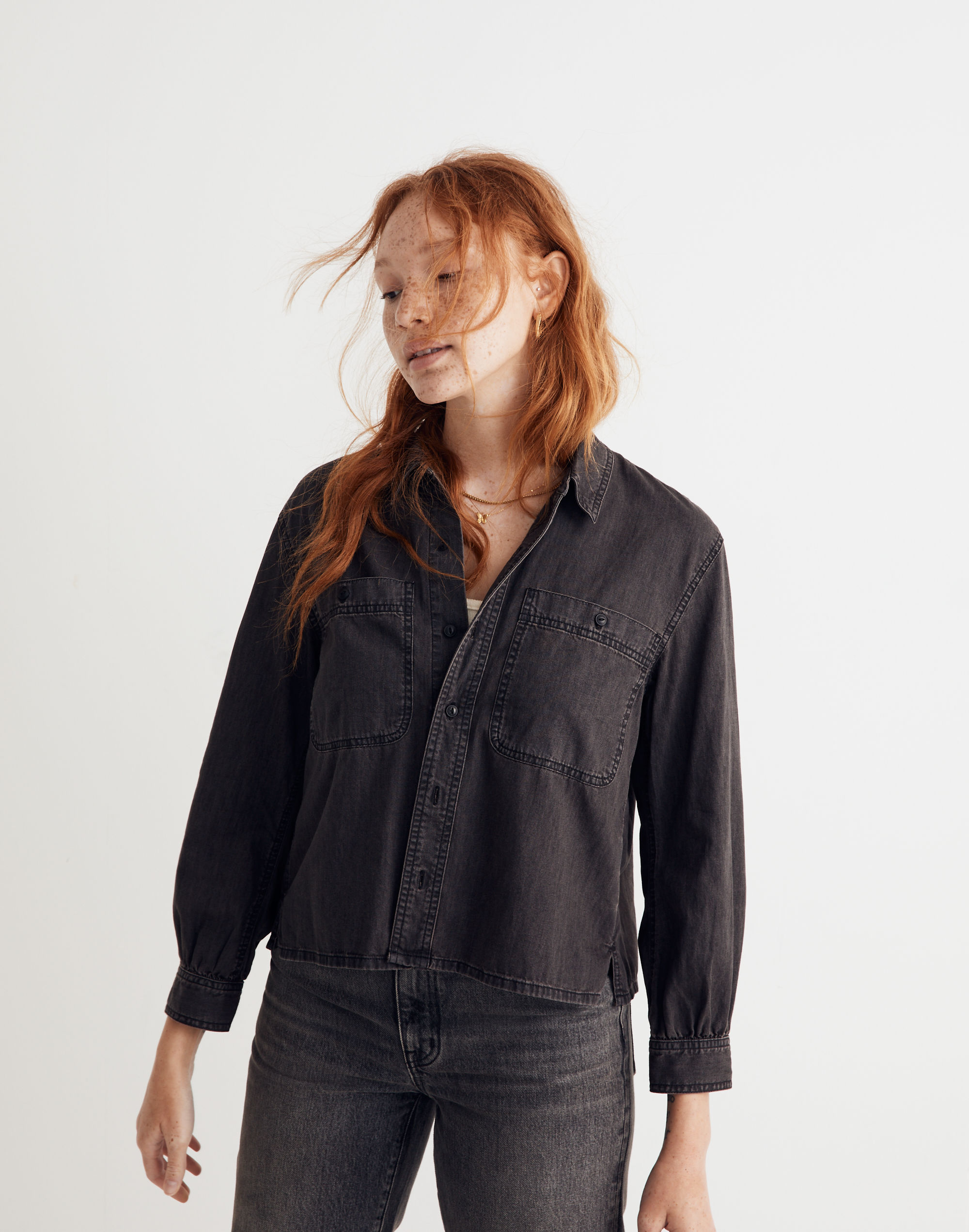 Denim Shirred-Back Crop Shirt in Lunar Wash