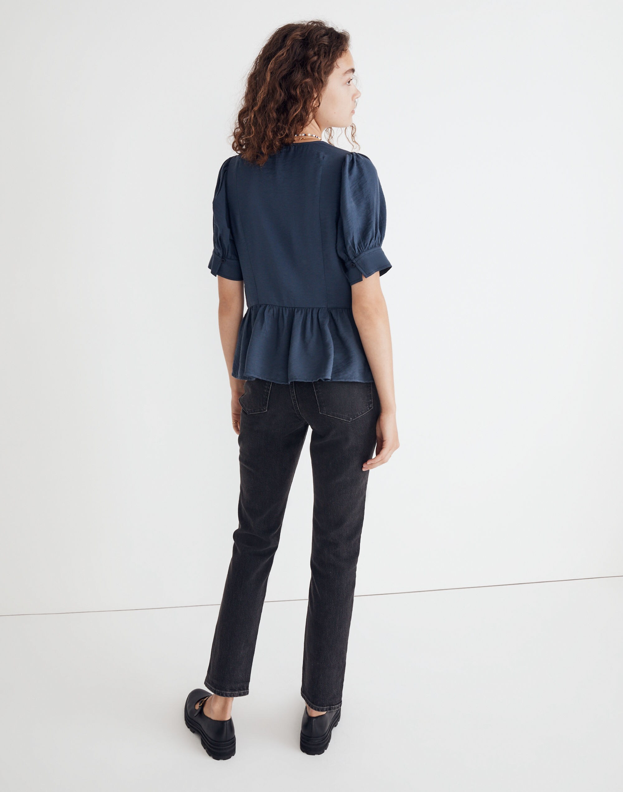 Drapeweave Puff-Sleeve Peplum Top