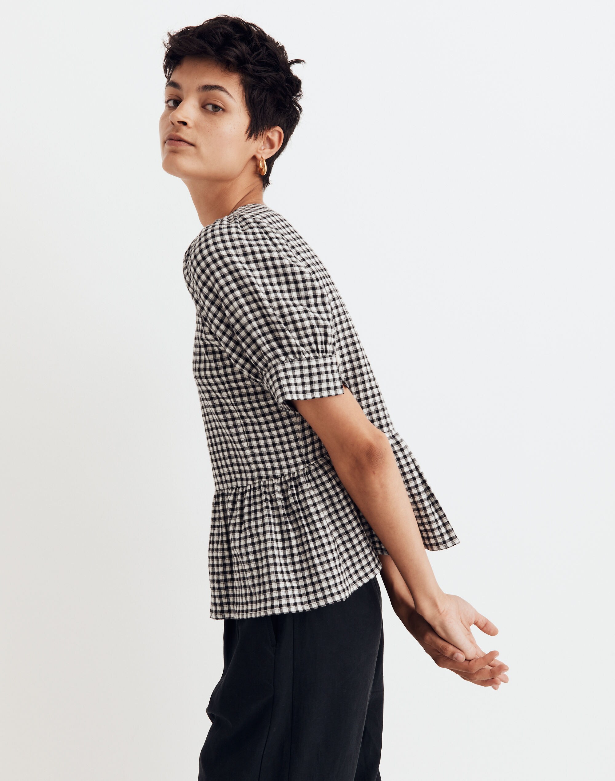 Brushed Gauze Puff-Sleeve Peplum Top in Gingham Check