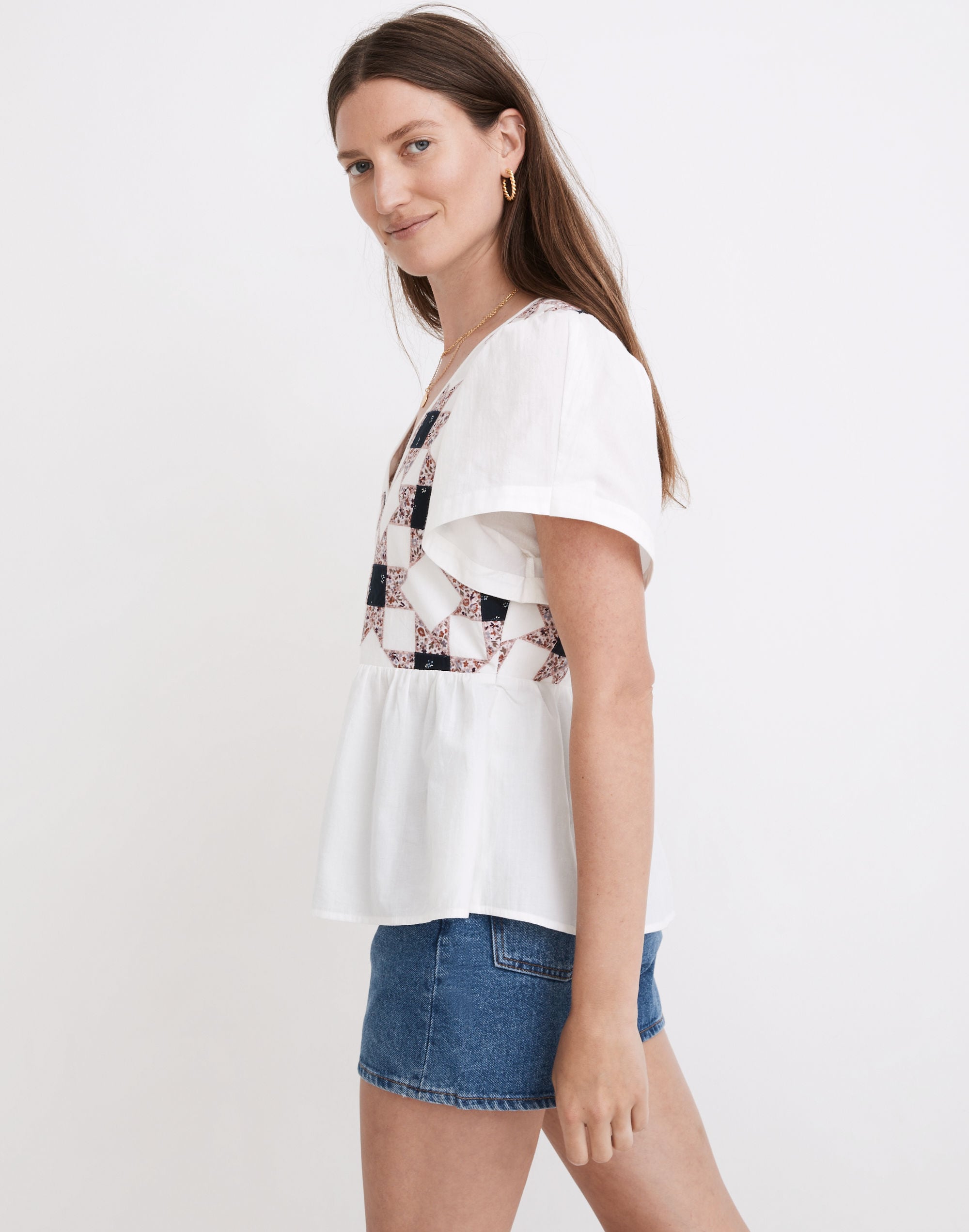 Flutter-Sleeve Peplum Top in Patchwork Quilt