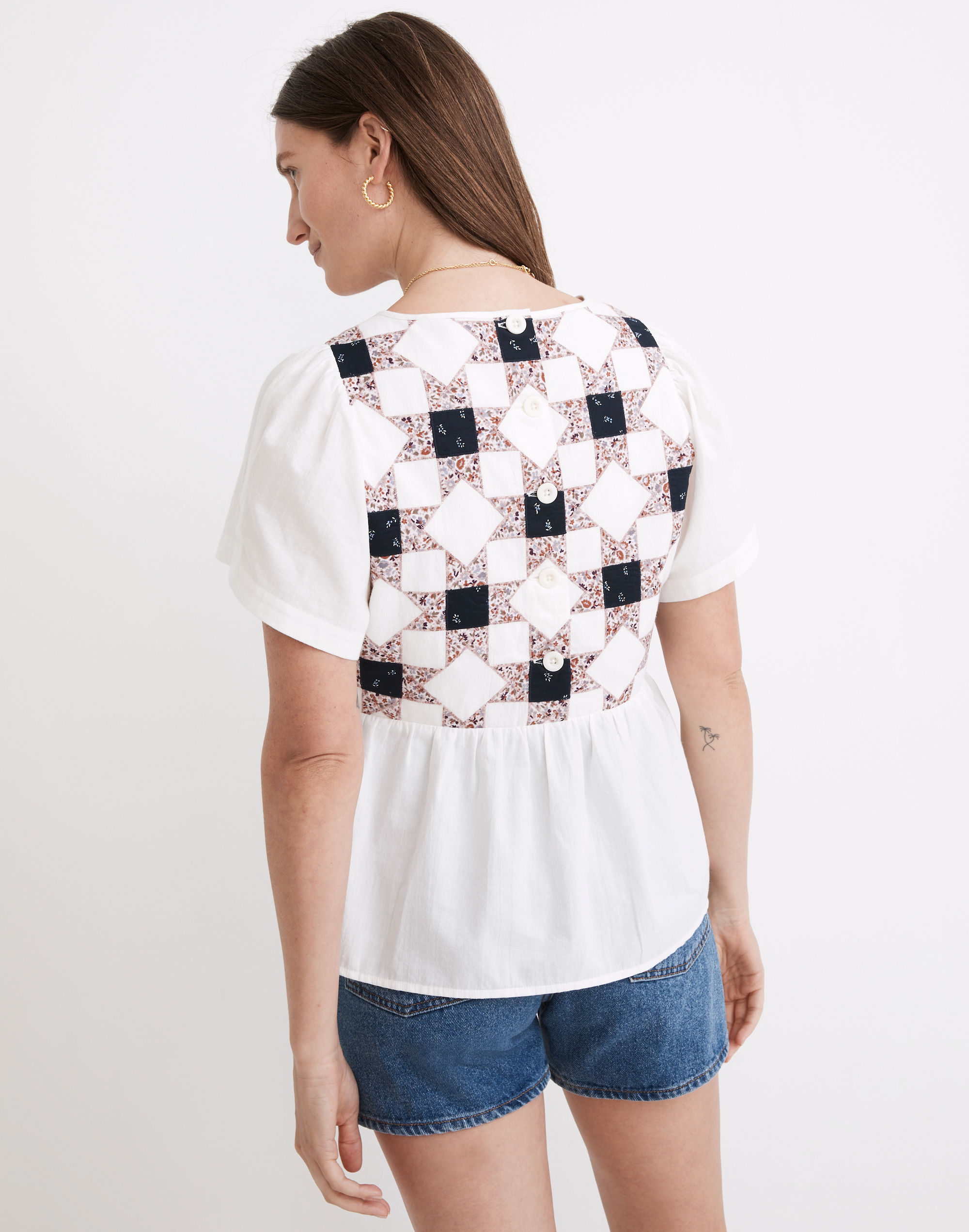 Flutter-Sleeve Peplum Top in Patchwork Quilt