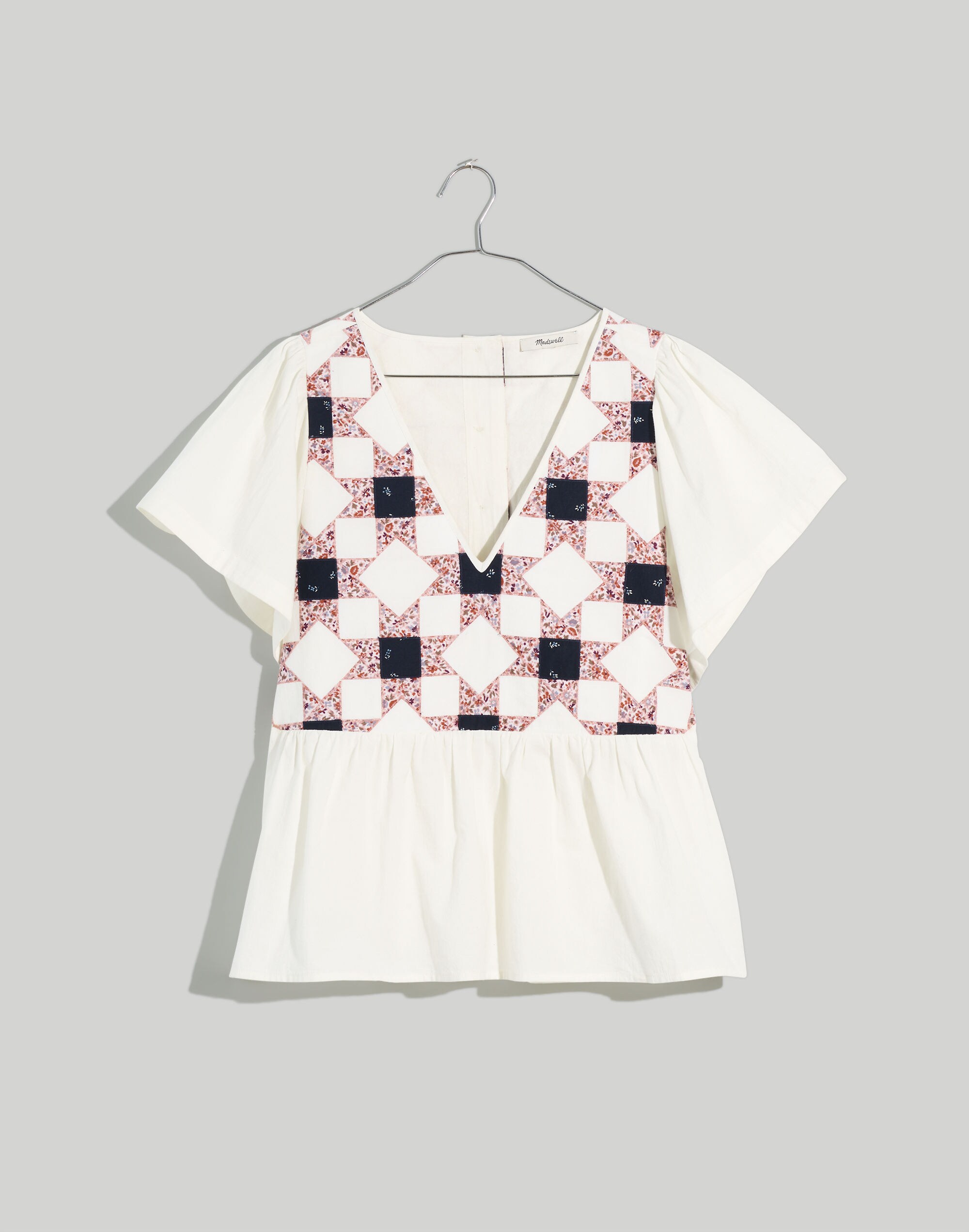 Flutter-Sleeve Peplum Top in Patchwork Quilt