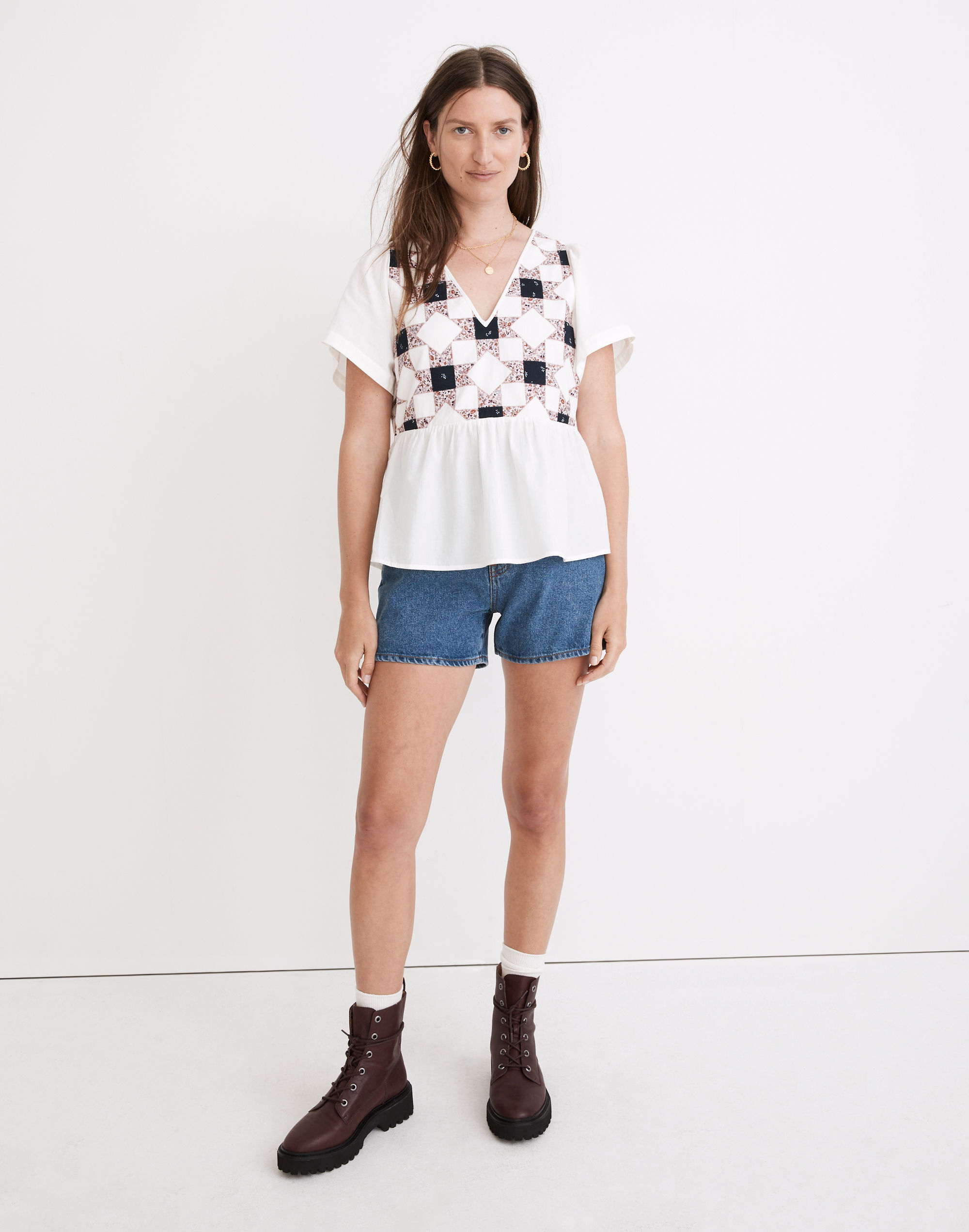 Flutter-Sleeve Peplum Top in Patchwork Quilt