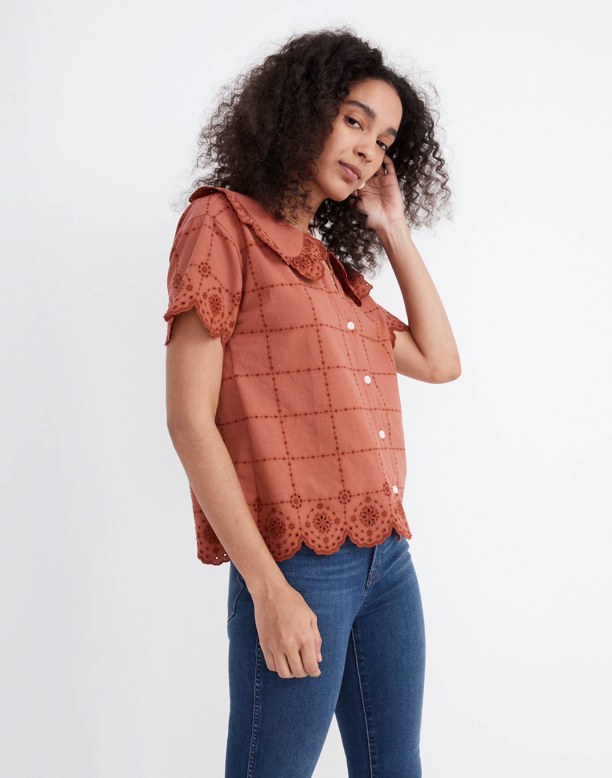 Embroidered Eyelet Collared Shirt