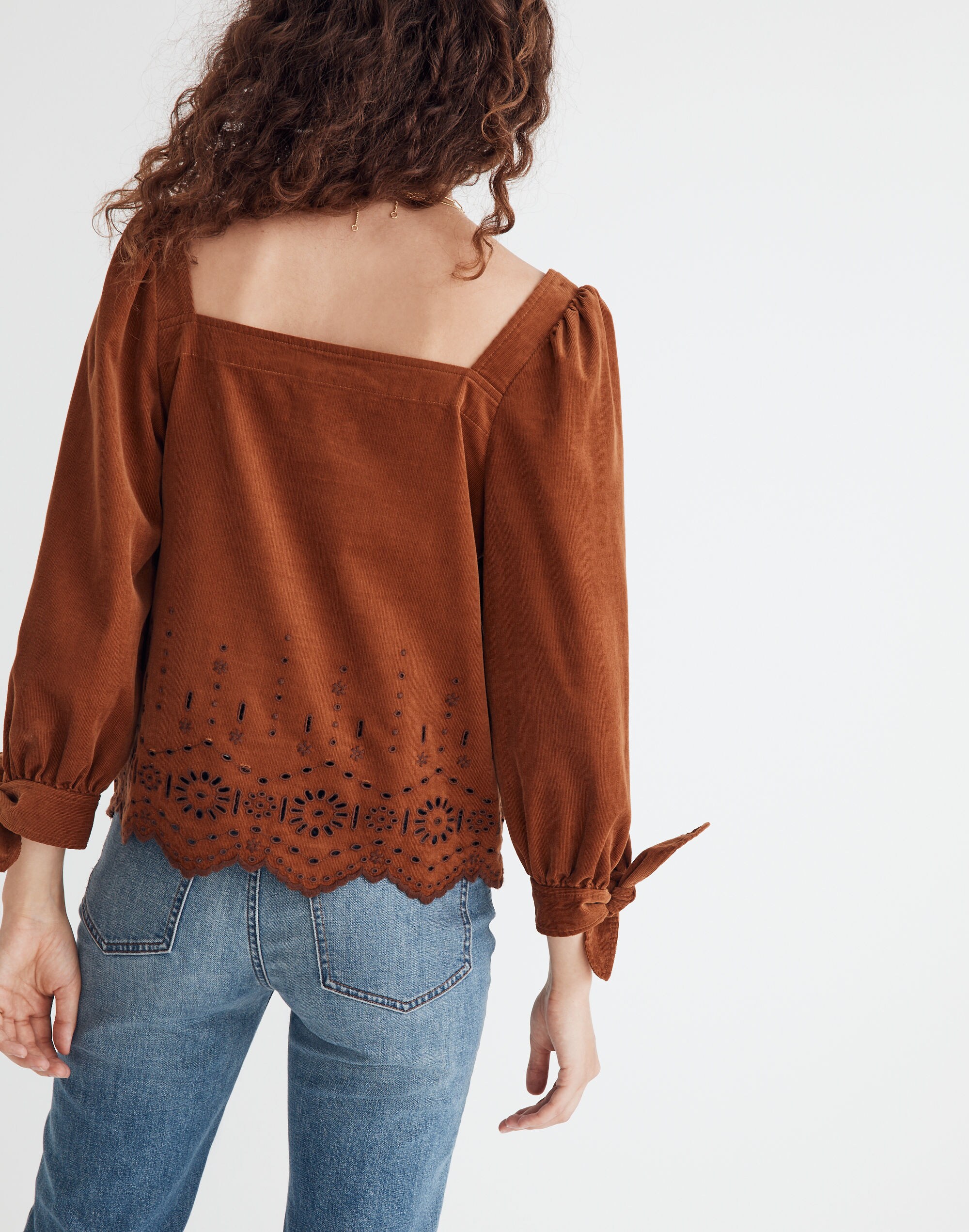 Embroidered Eyelet Corduroy Tie-Sleeve Top