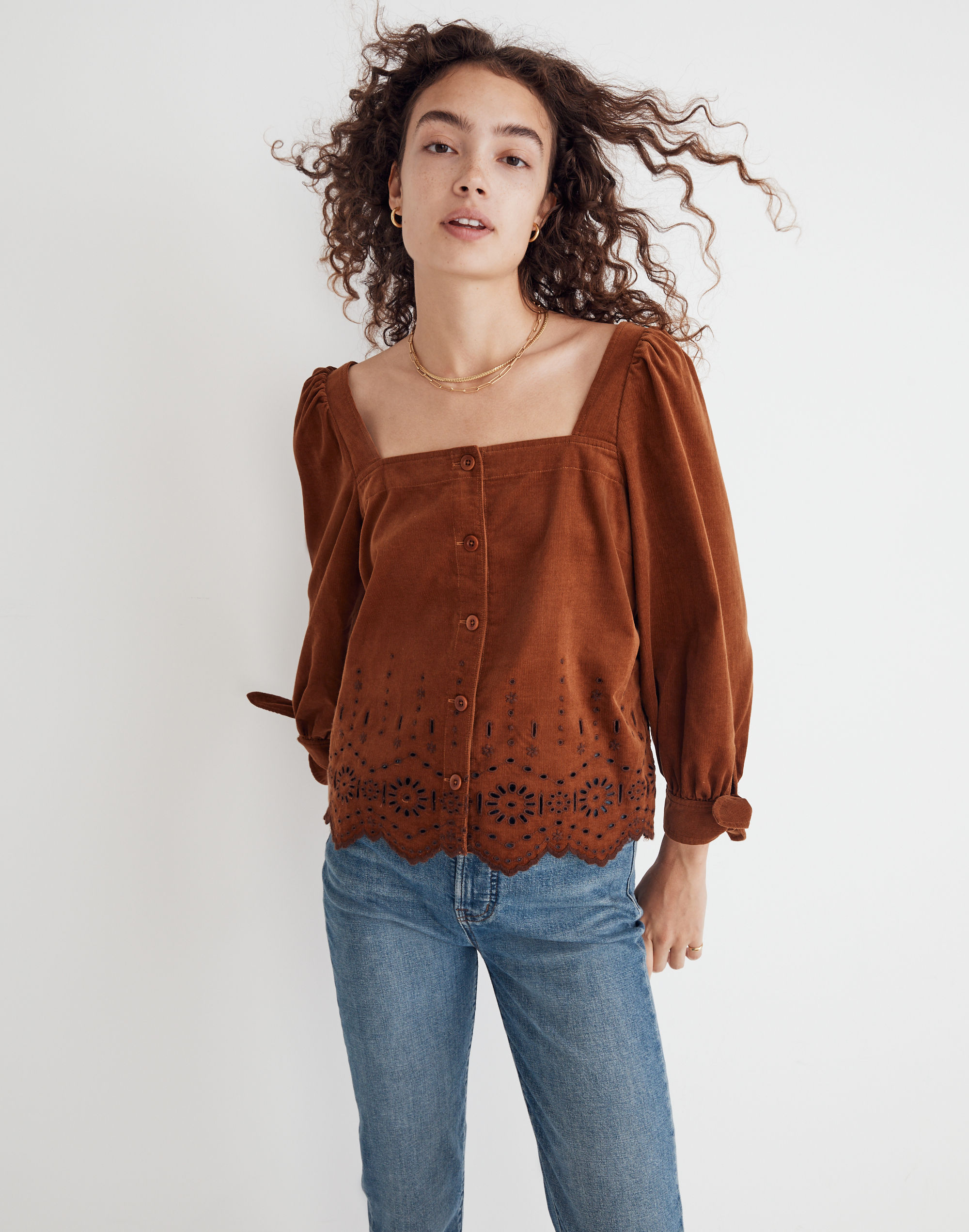 Embroidered Eyelet Corduroy Tie-Sleeve Top