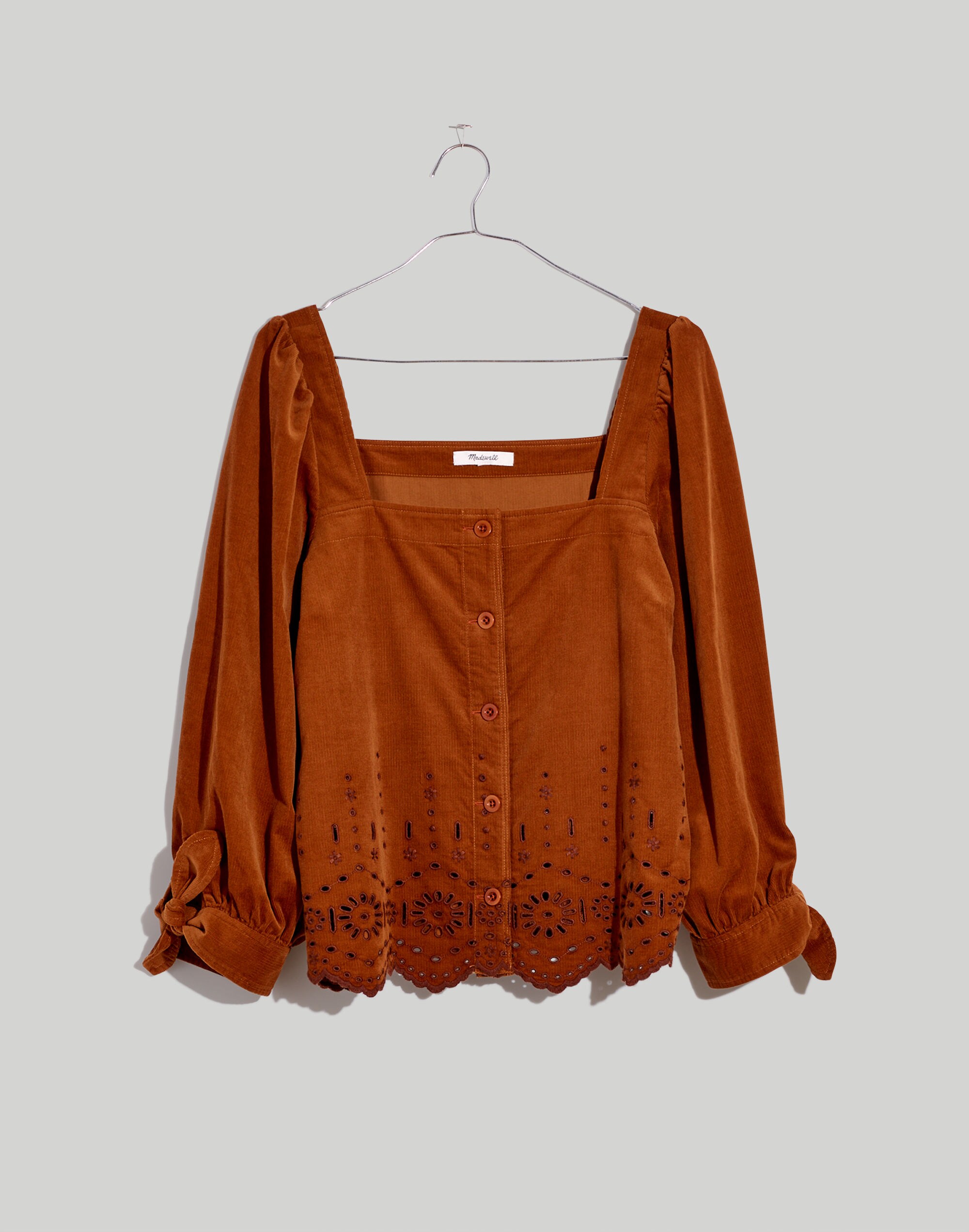 Embroidered Eyelet Corduroy Tie-Sleeve Top