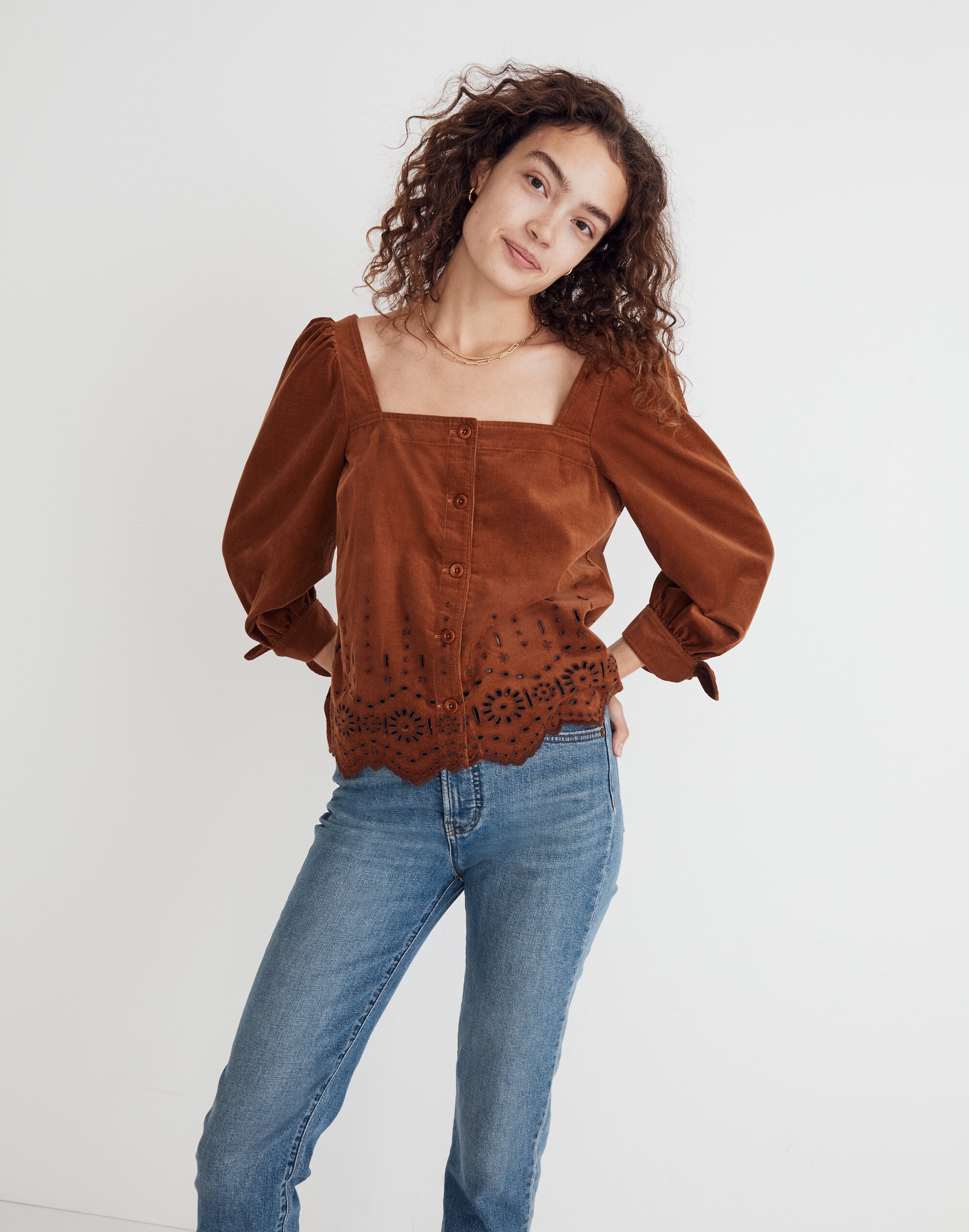 Embroidered Eyelet Corduroy Tie-Sleeve Top