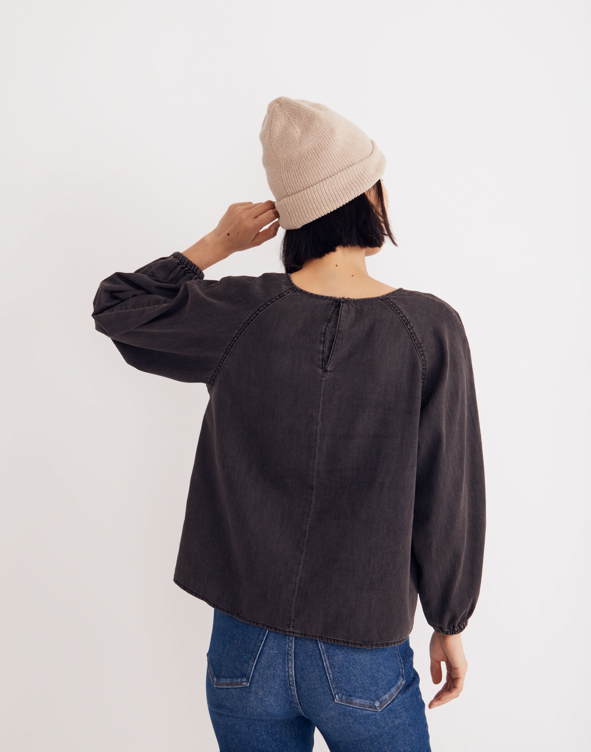 Denim Shirred Swing Shirt in Lunar Wash
