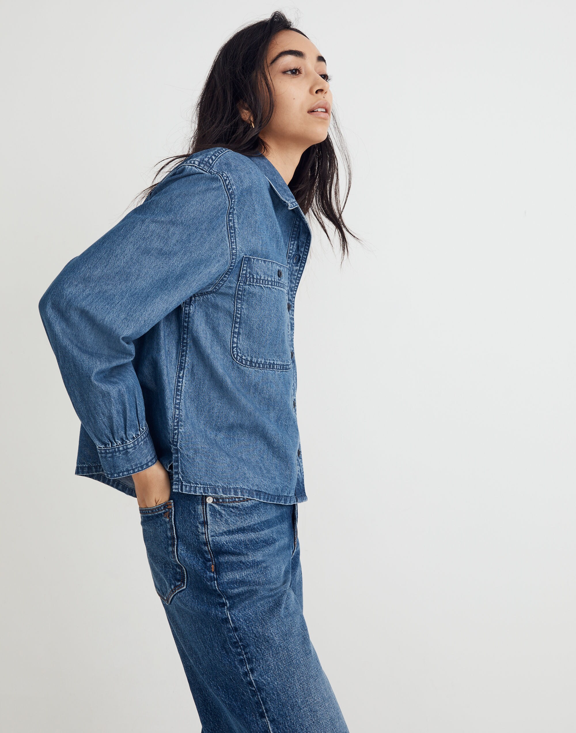 Shirred-Back Crop Shirt: TENCEL&trade; Denim Edition