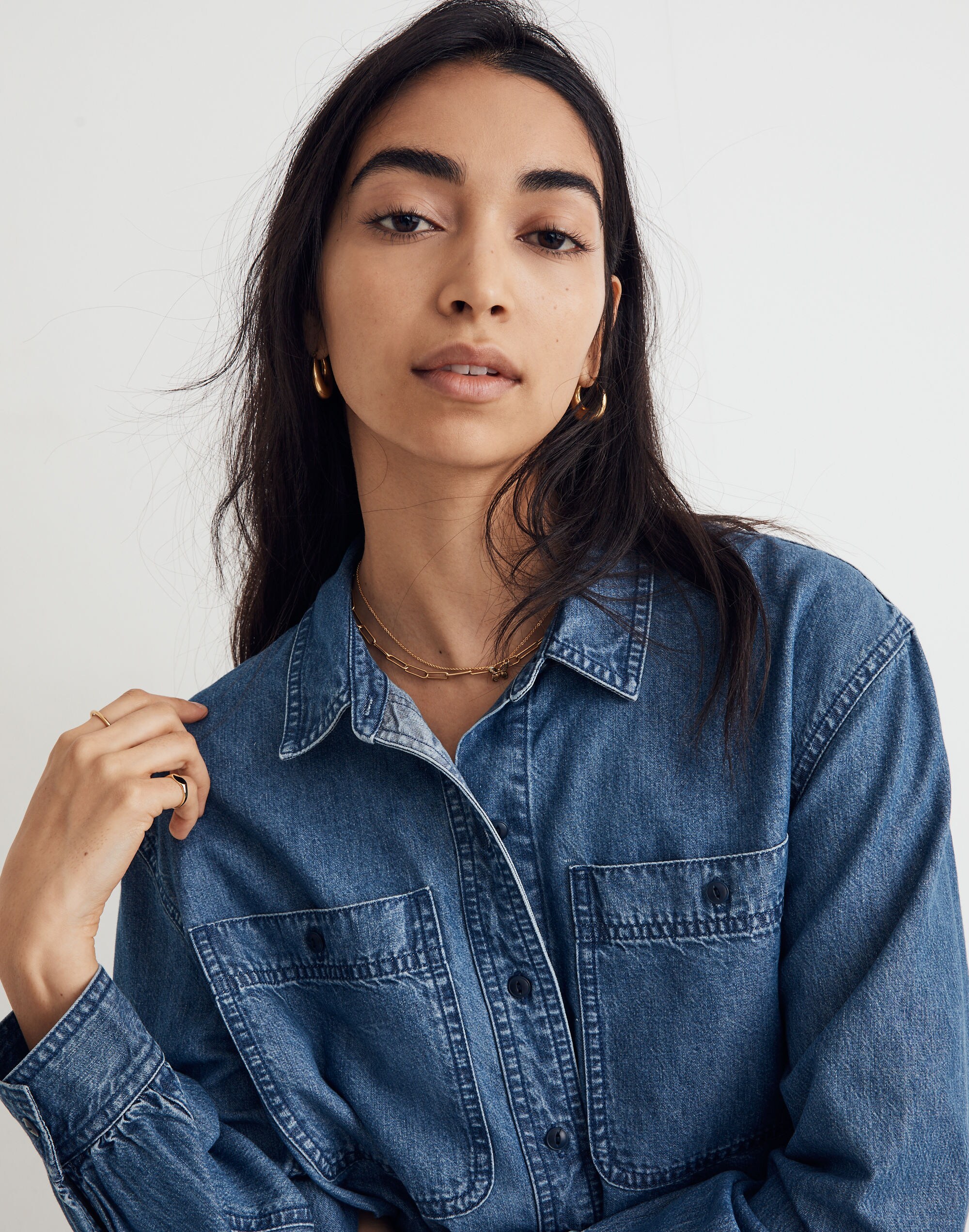 Shirred-Back Crop Shirt: TENCEL&trade; Denim Edition