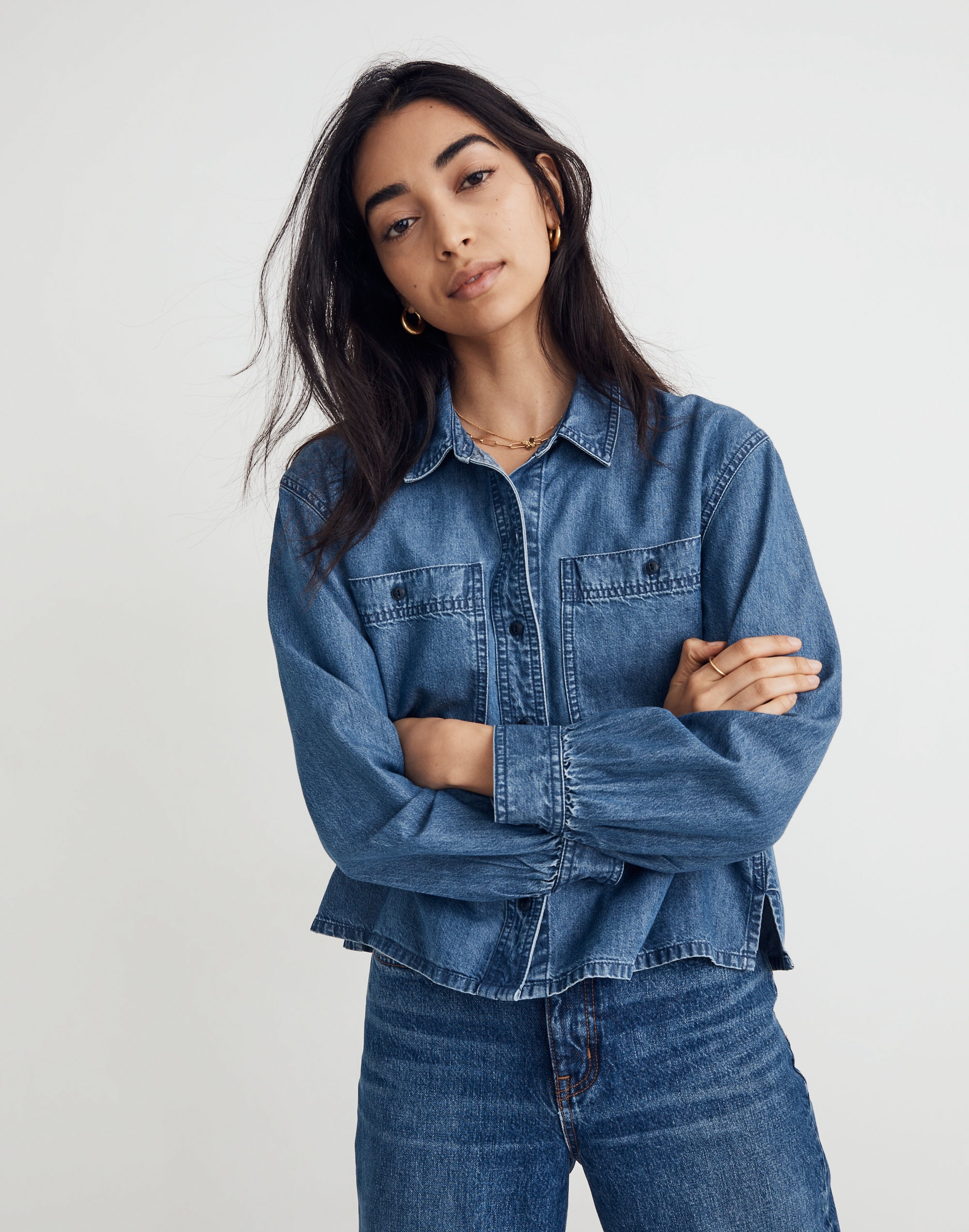 Shirred-Back Crop Shirt: TENCEL&trade; Denim Edition