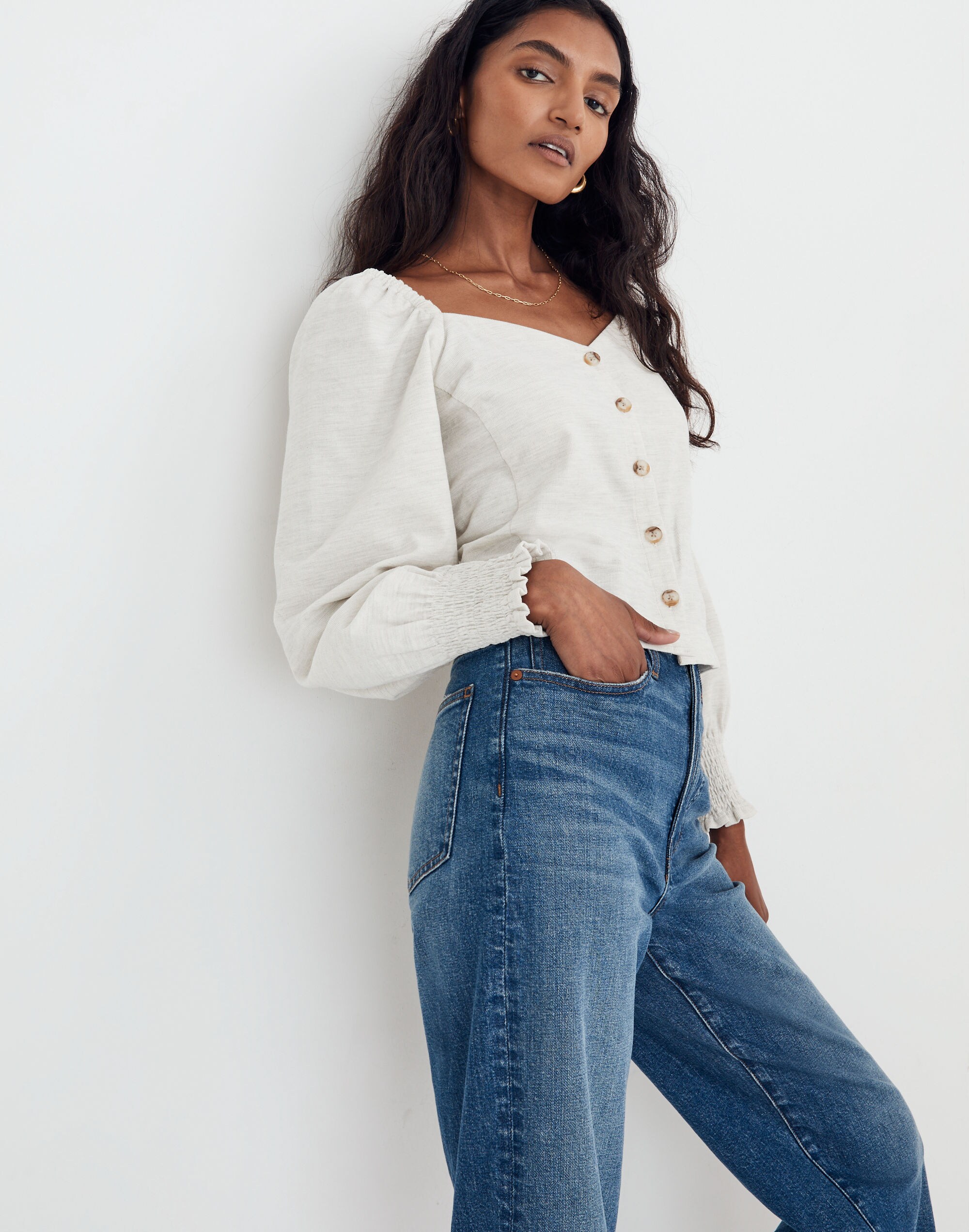 Corduroy Sweetheart Smocked-Back Top