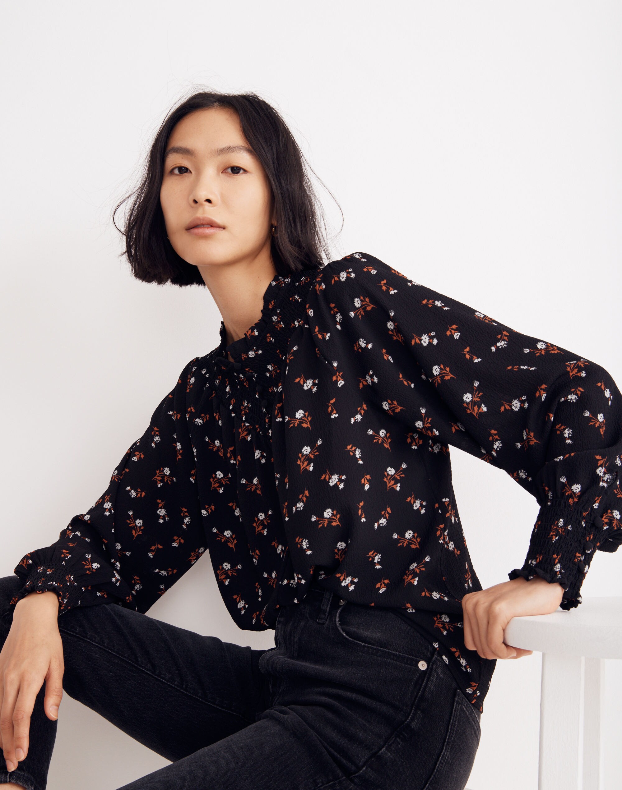 Embroidered Smockneck Top in Tossed Floral