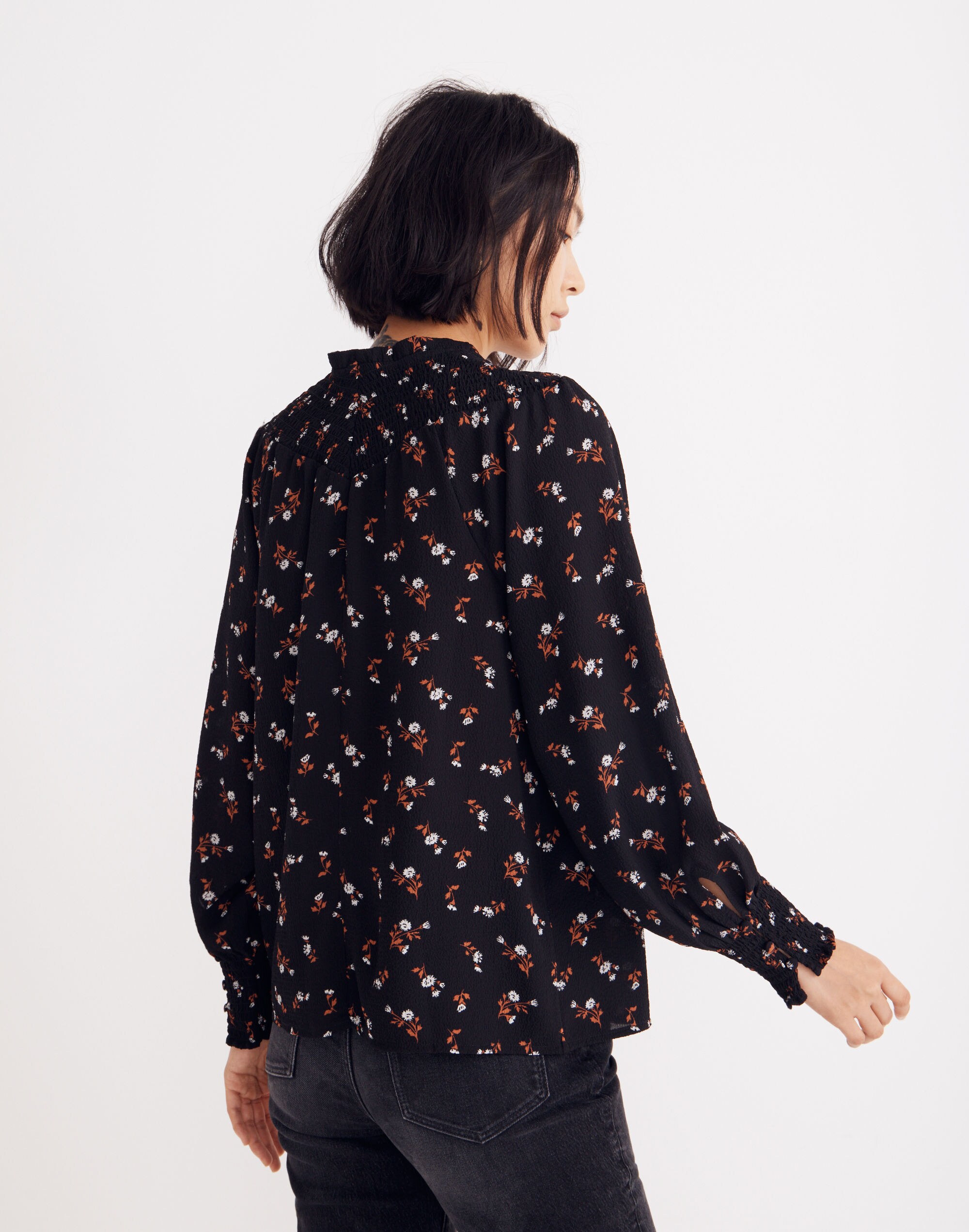Embroidered Smockneck Top in Tossed Floral