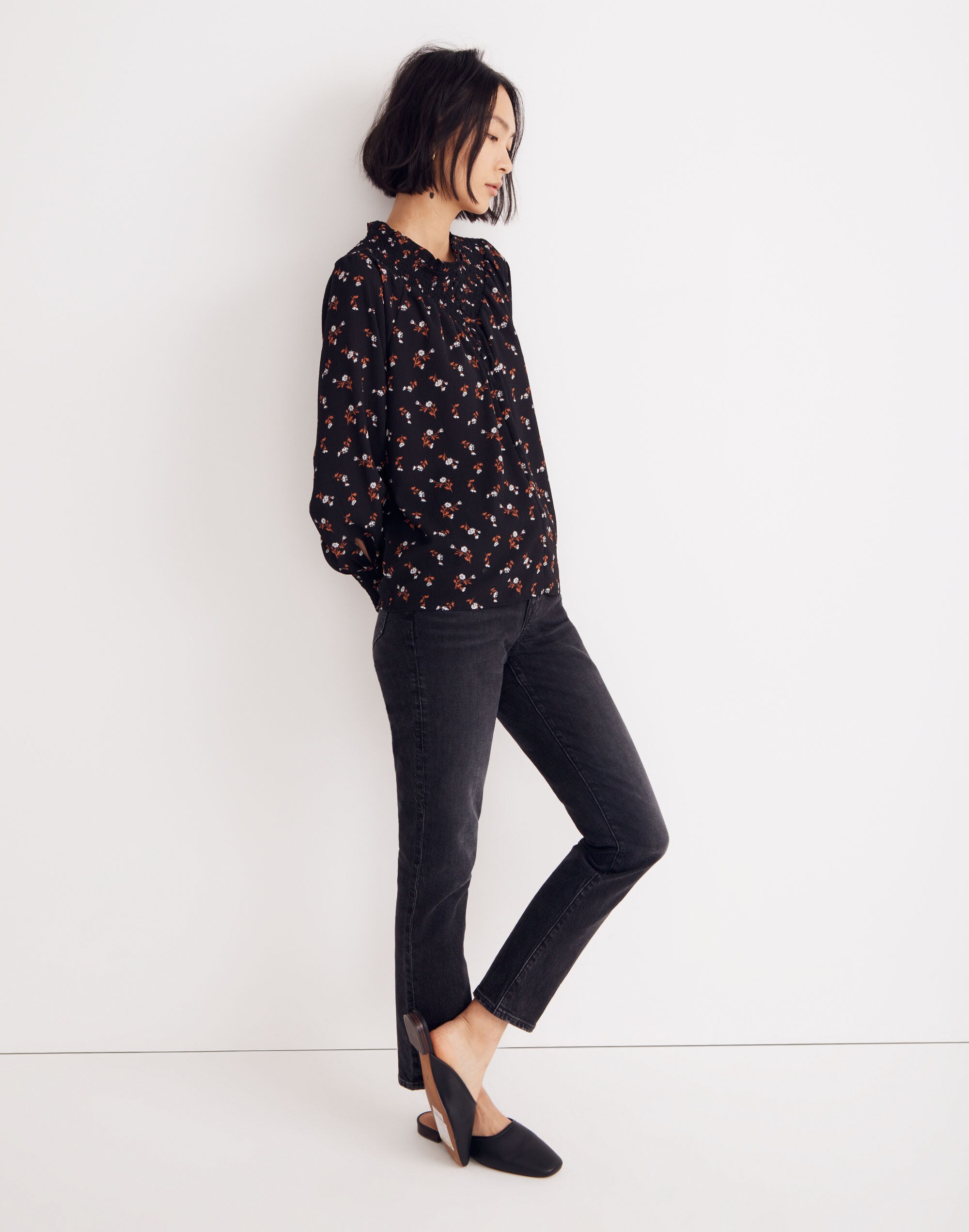 Embroidered Smockneck Top in Tossed Floral