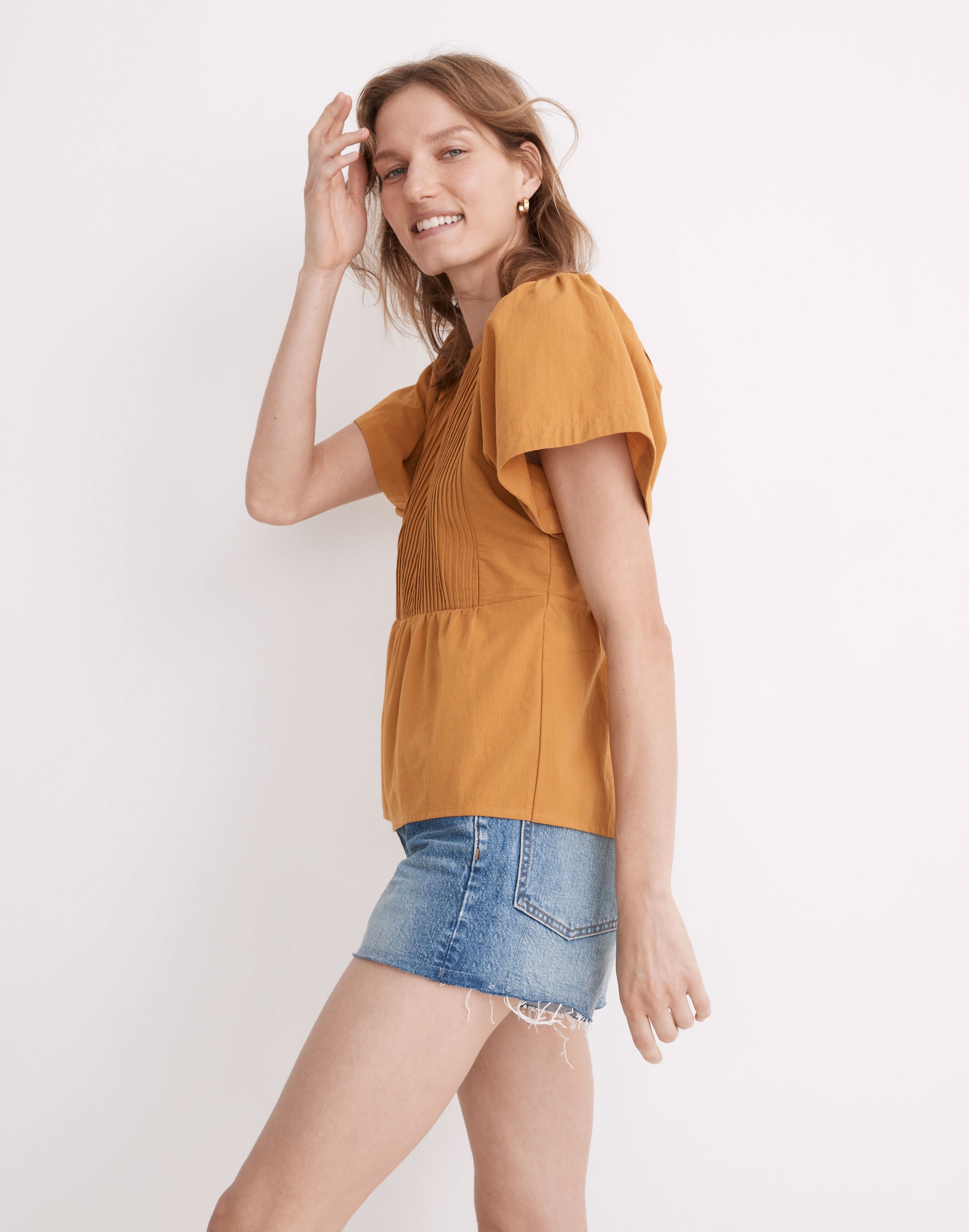 Pleated Flutter-Sleeve Top