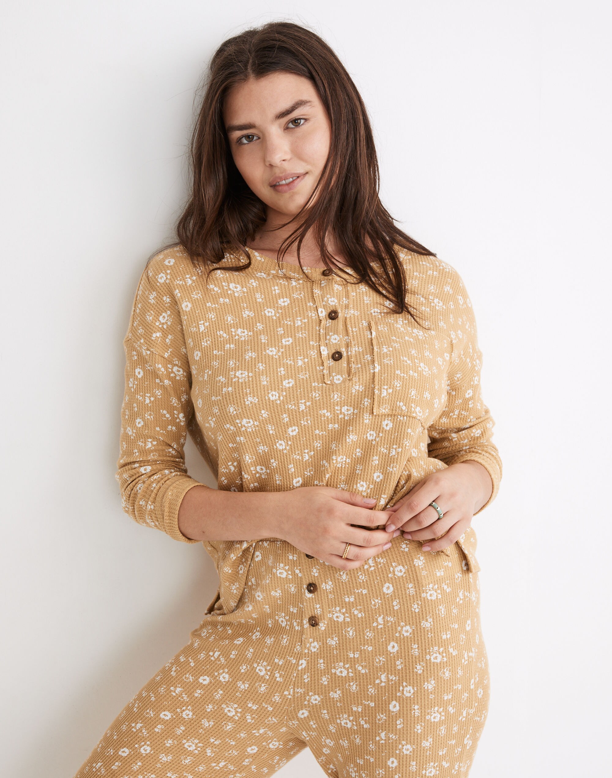 Waffle Knit Henley Pajama Top in Hillcrest Floral