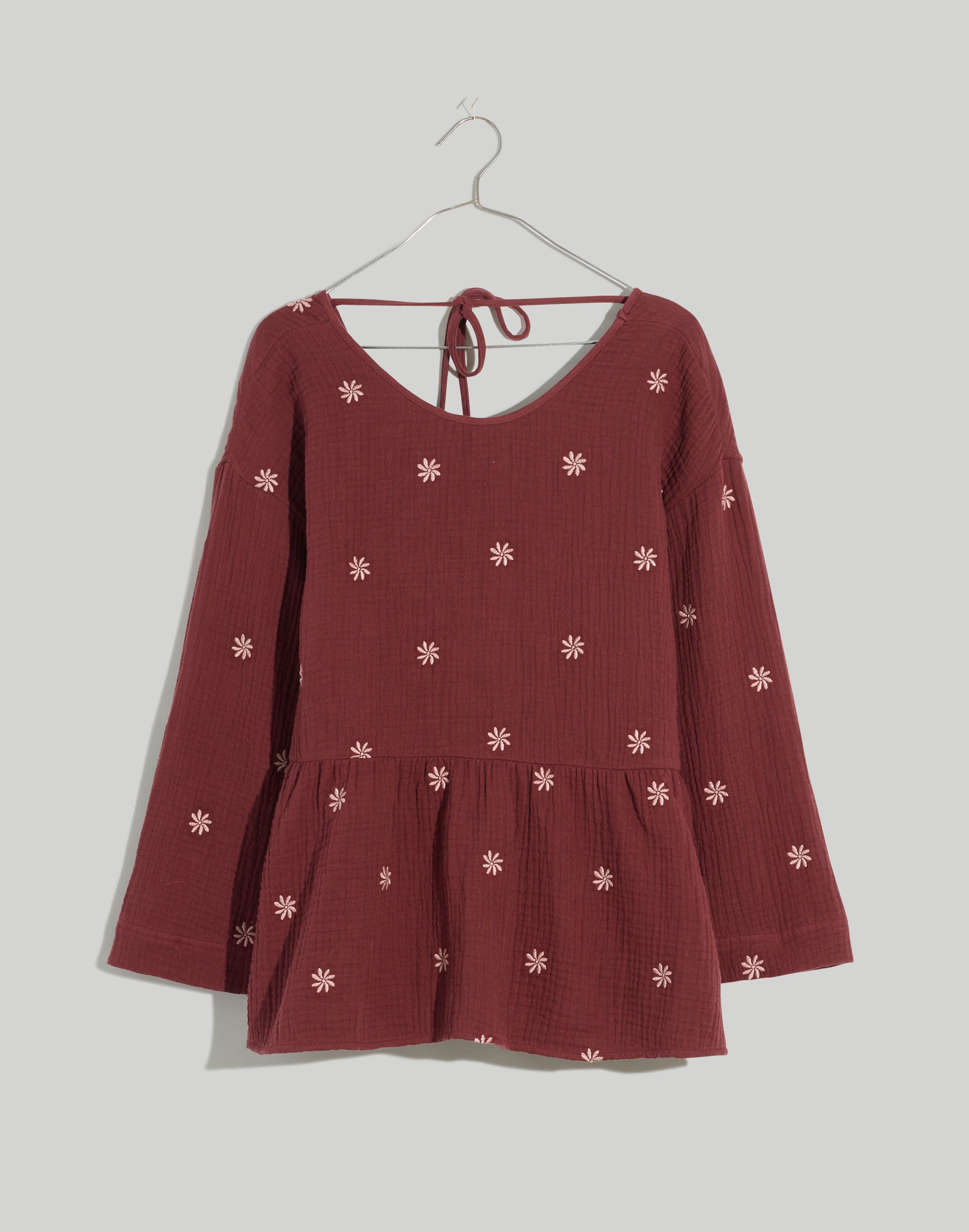 Embroidered Lightspun Peplum Open-Back Top