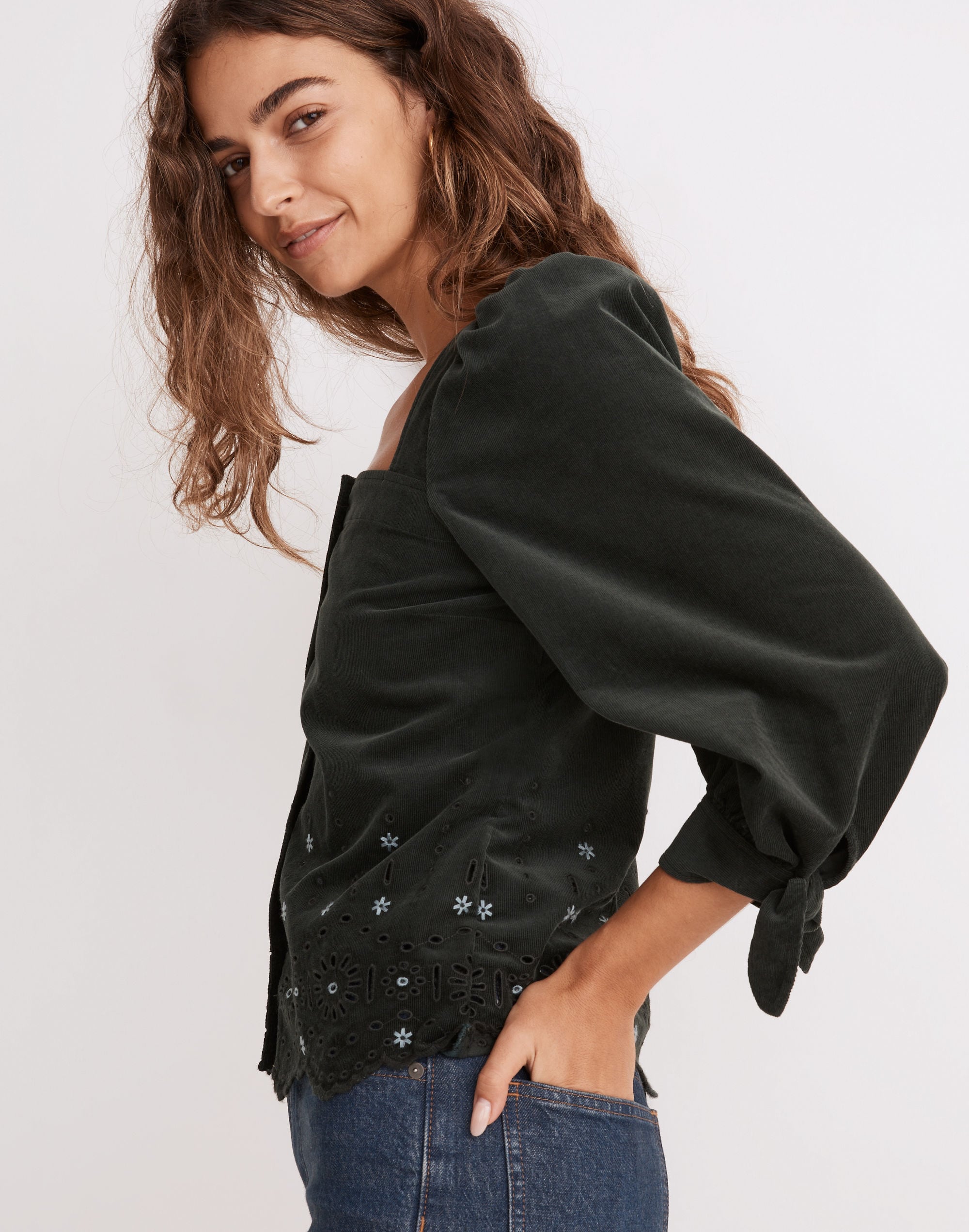 Embroidered Eyelet Corduroy Tie-Sleeve Top