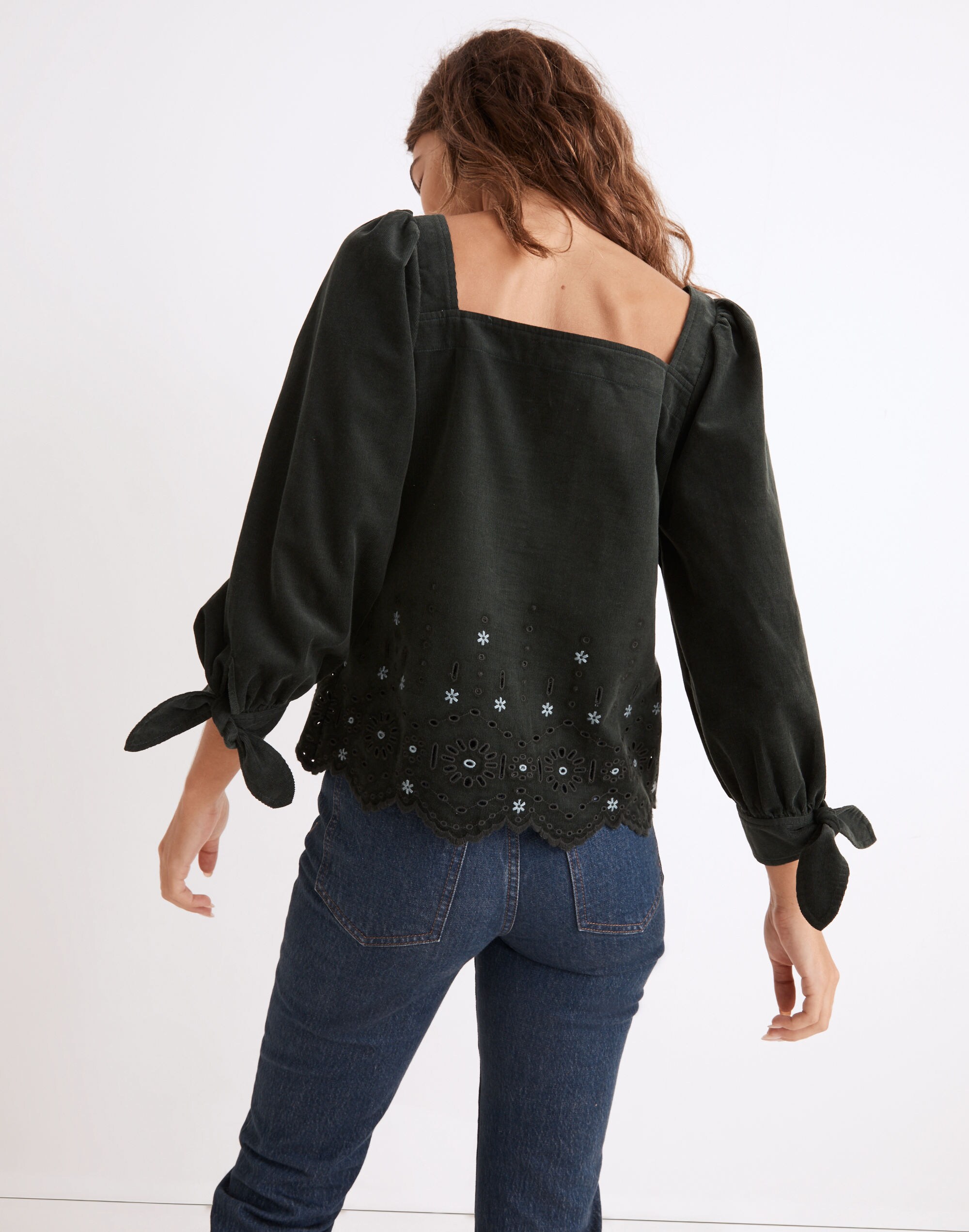 Embroidered Eyelet Corduroy Tie-Sleeve Top