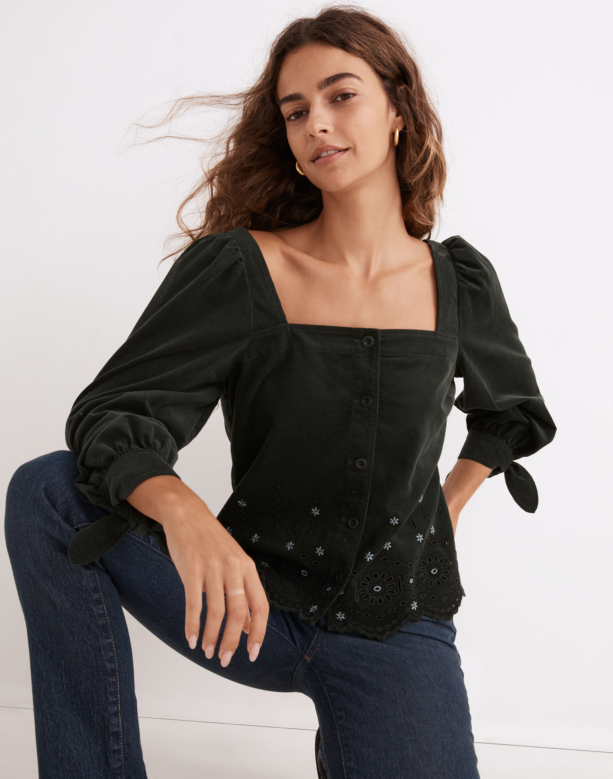 Embroidered Eyelet Corduroy Tie-Sleeve Top