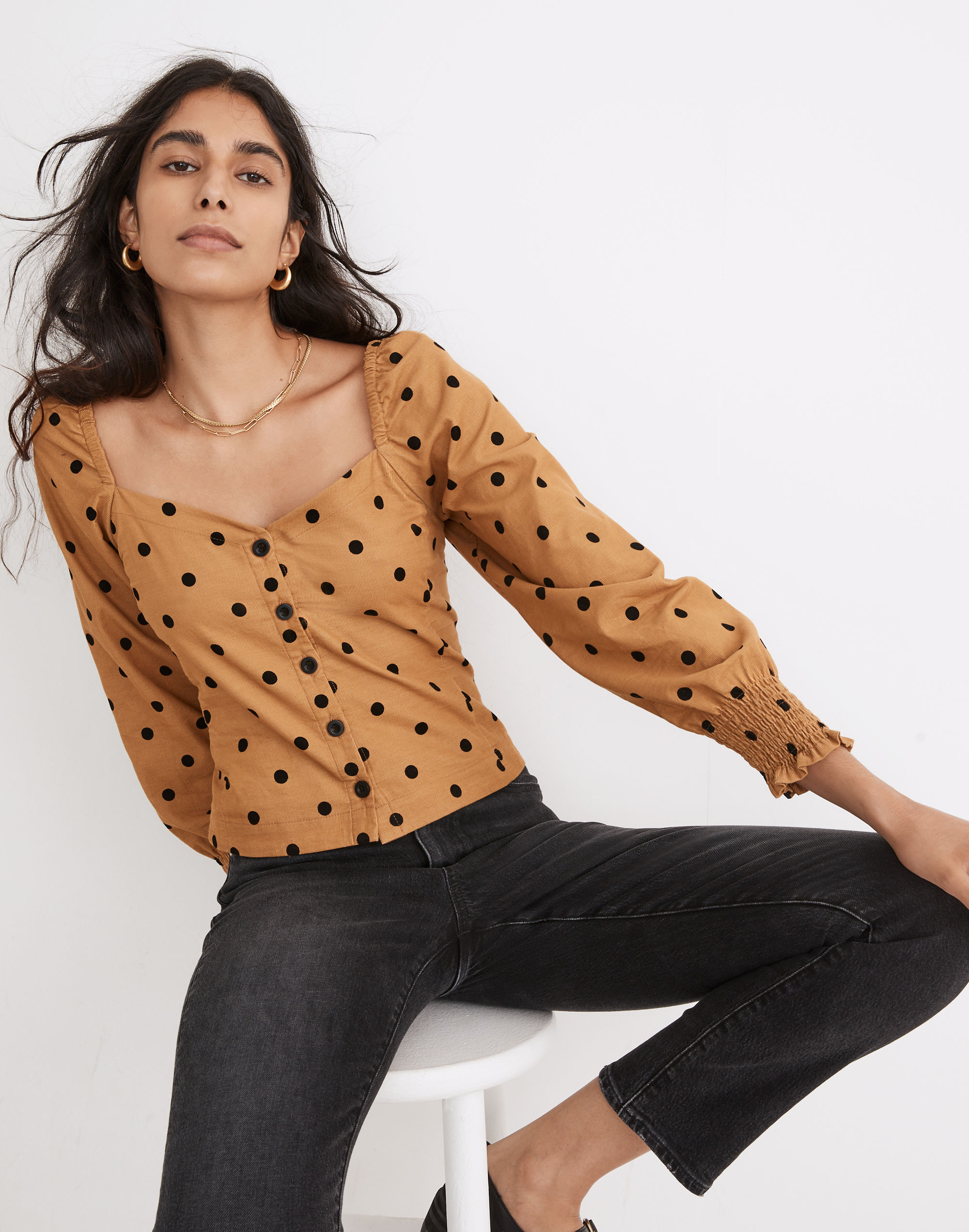 corduroy sweetheart smocked-back top in dot